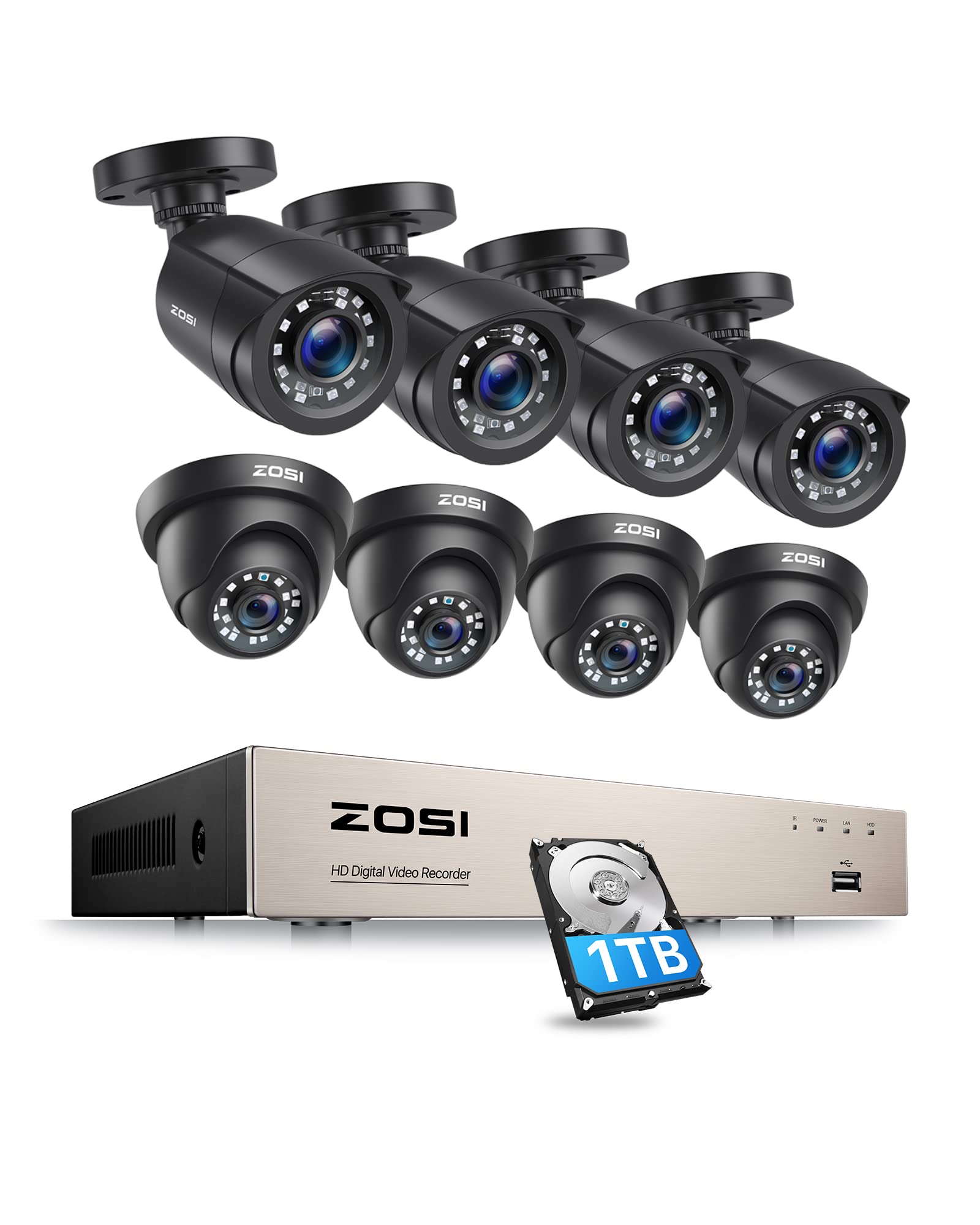 ZOSI 1080P Kit de Cámara de Vigilancia 8CH H.265+ Grabadora DVR con 8 Cámara de Seguridad Impermeable,Visión Nocturna, Detección de Movimiento, 1TB Disco Duro