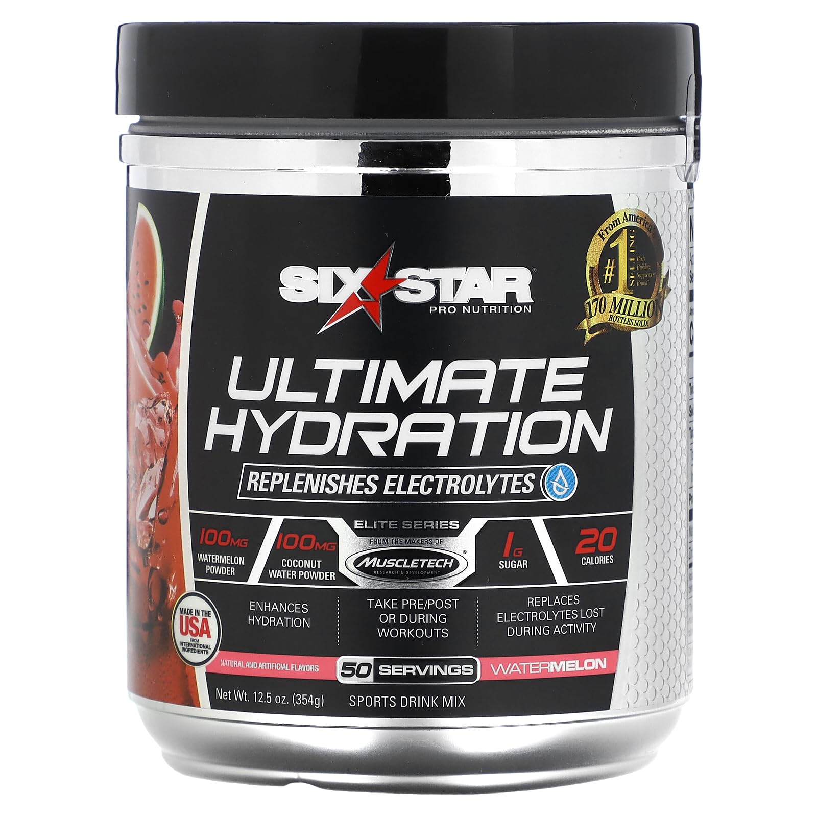 Electrolyte Powder Six Star Ultimate Hydration Powder Replenish Electrolytes Post Workout Recovery Drink Electrolyte Supplement Hydration Powder Sports Nutrition, Watermelon (50 Servings)