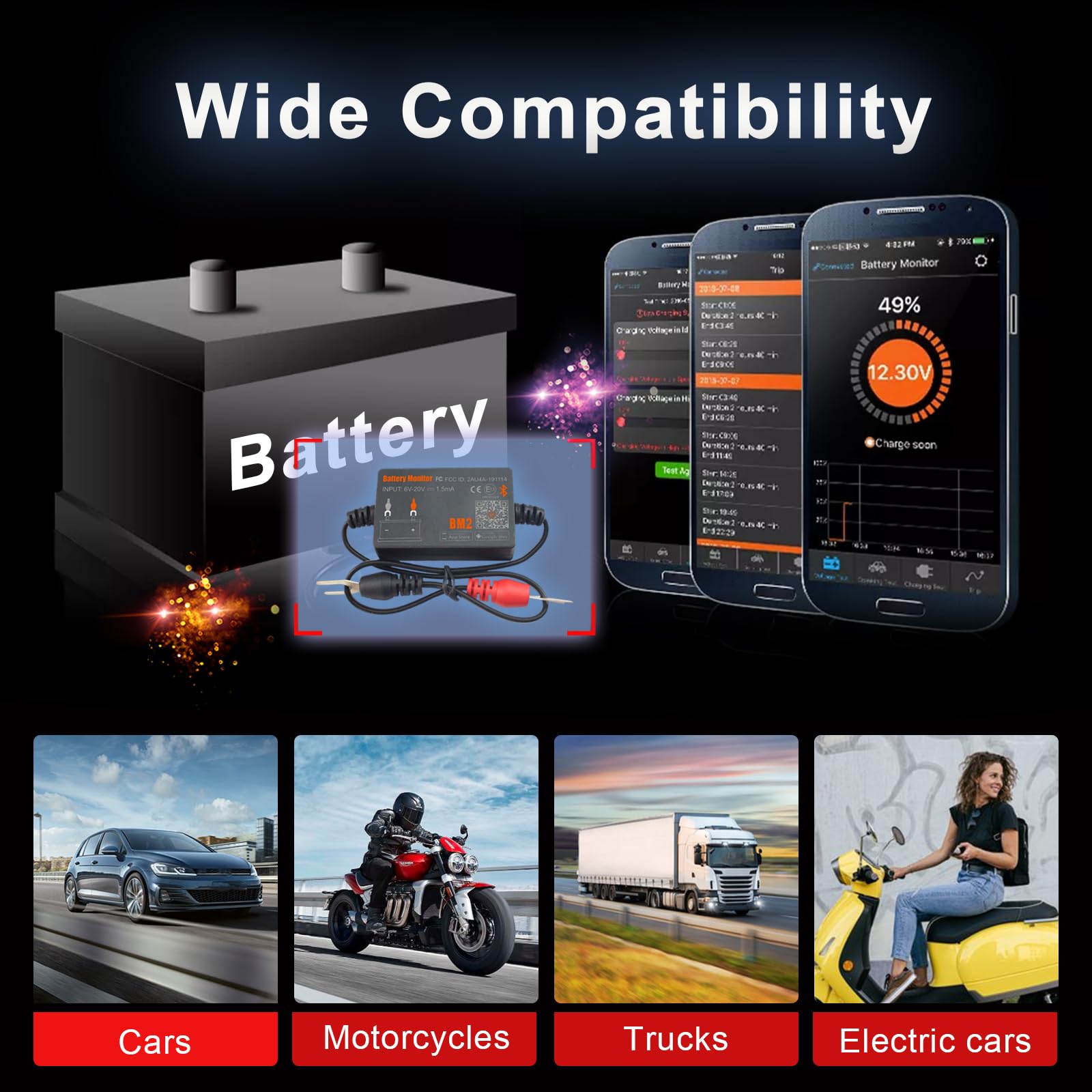 Monitor Batteria Bluetooth 4.0 Wireless Battery Tester, Car Charging Start e Alarm System Monitor Analizzatore Batteria Digitale Adatto a 12V Sistemi Solari Moto Barche Auto Compatibili Android iOS