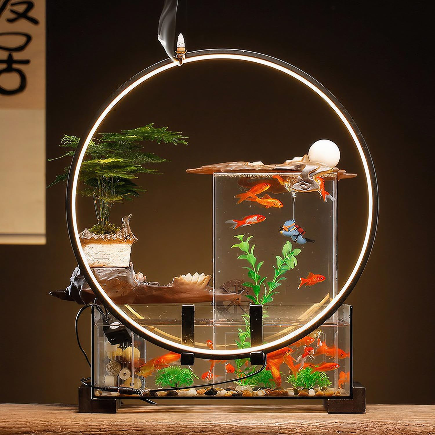 Amazon | 卓上噴水置物ガラス水槽水族館内の滝中国陶磁器水景装飾LED