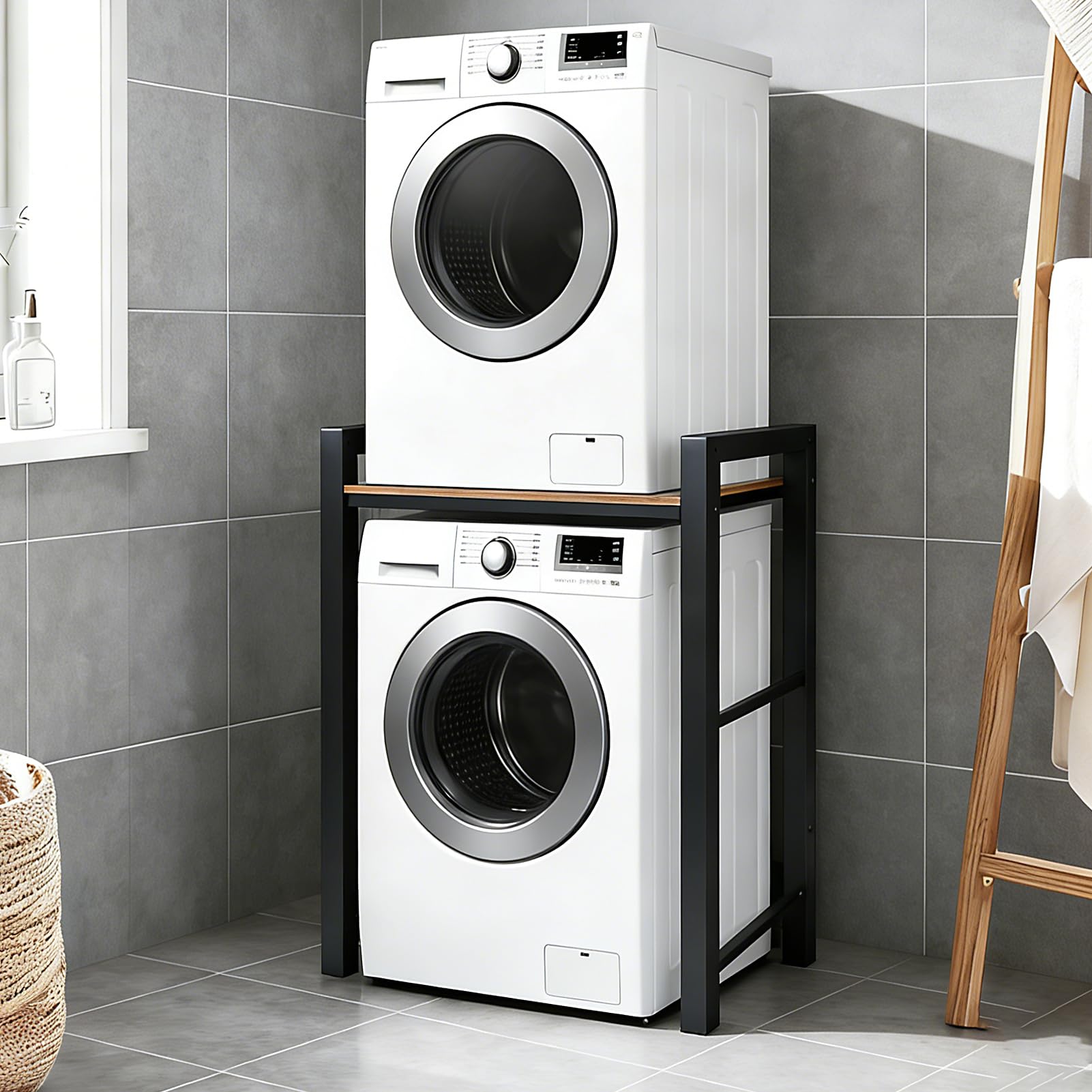 Waschmaschinenregal, Regal für Waschmaschine und Trockner –350kg Tragkraft, Waschmaschine Trockner Schrank mit 3 Einstellbaren HöHenverstellbares, Waschmaschinenschrank 95x105x65cm (Schwarz)