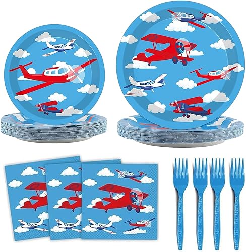 Suministros para fiesta de cumpleaños de avión, decoración de fiesta temática de avión, incluye platos de papel, servilletas, vajilla para 16