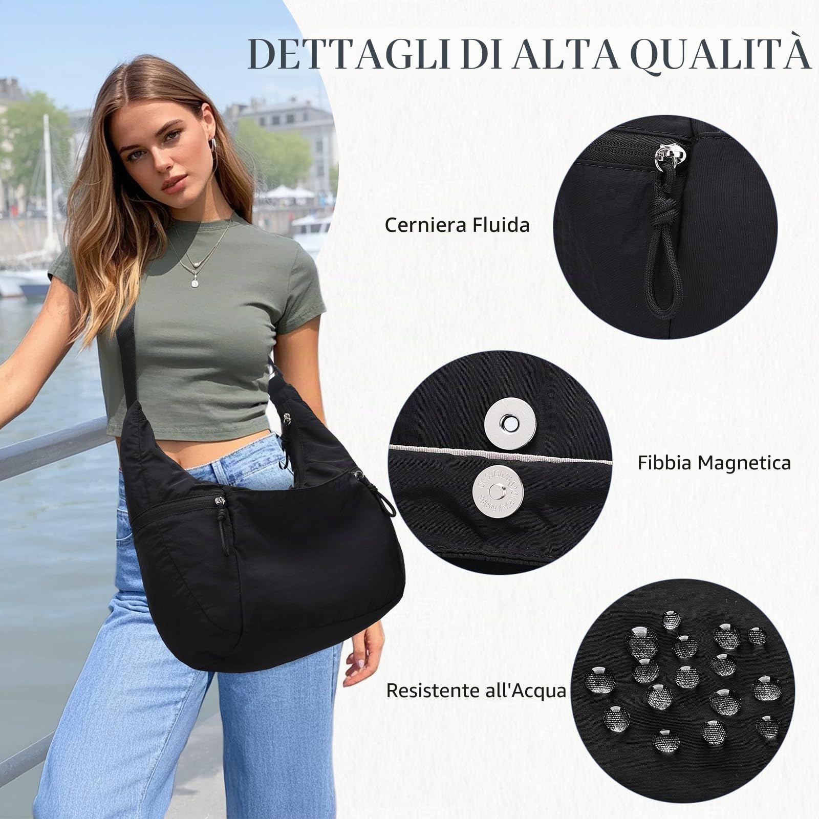 VASCHY Borsa Mezzaluna Donna Tracolla,Moon Bag Leggera in Nylon Marsupio Donna Tracolla Per Shopping/Viaggio/Lavoro/Mare