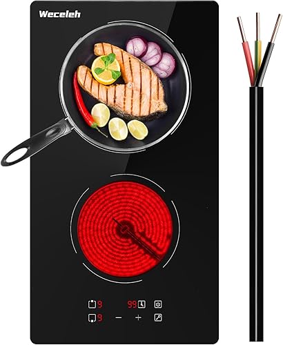 Placa eléctrica de 2 quemadores, estufa eléctrica de 12 pulgadas integrada de 3200 W, placa de cerámica con control táctil, bloqueo de seguridad