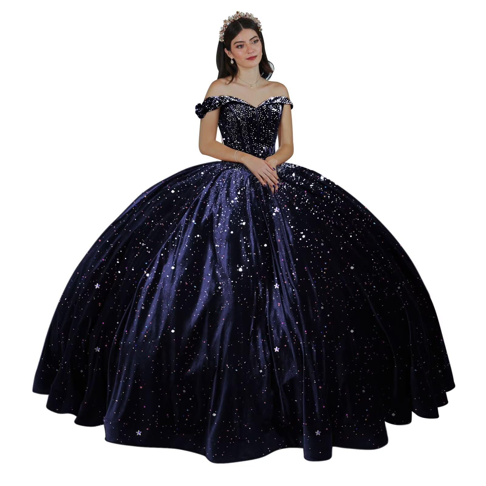 PFTFB Puffy Velvet Quinceanera Dresses Ball Gown Off Shoulder Sweet 16 Dresses Beaded Sparkly Sweetheart Quince Dresses