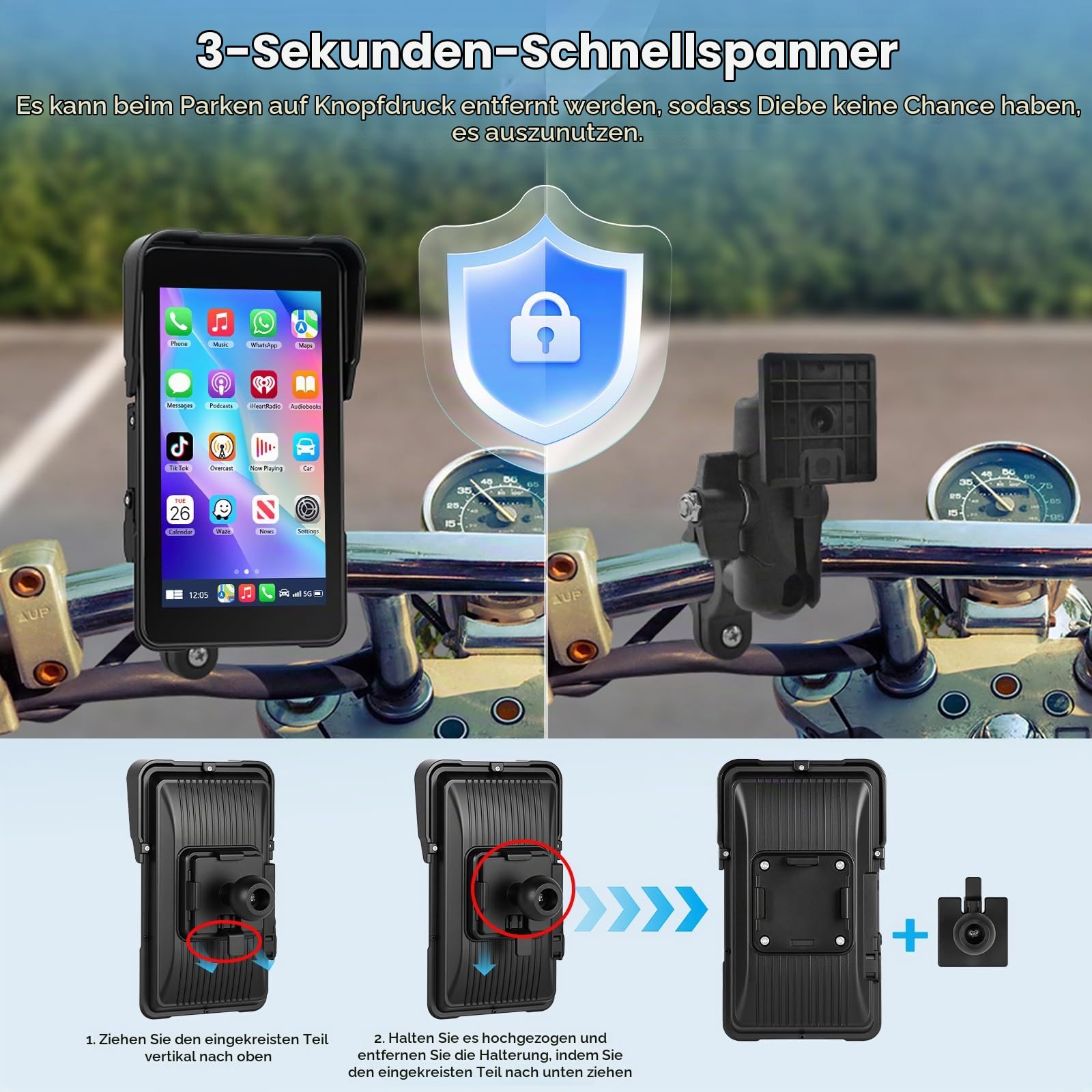 Motorrad Navigation mit Kabellosem A-pple Carplay Android Auto, Tragbares 5-Zoll-HD-Portrait-Touchscreen-Autoradio mit Bluetooth FM, IP68 Wasserdicht