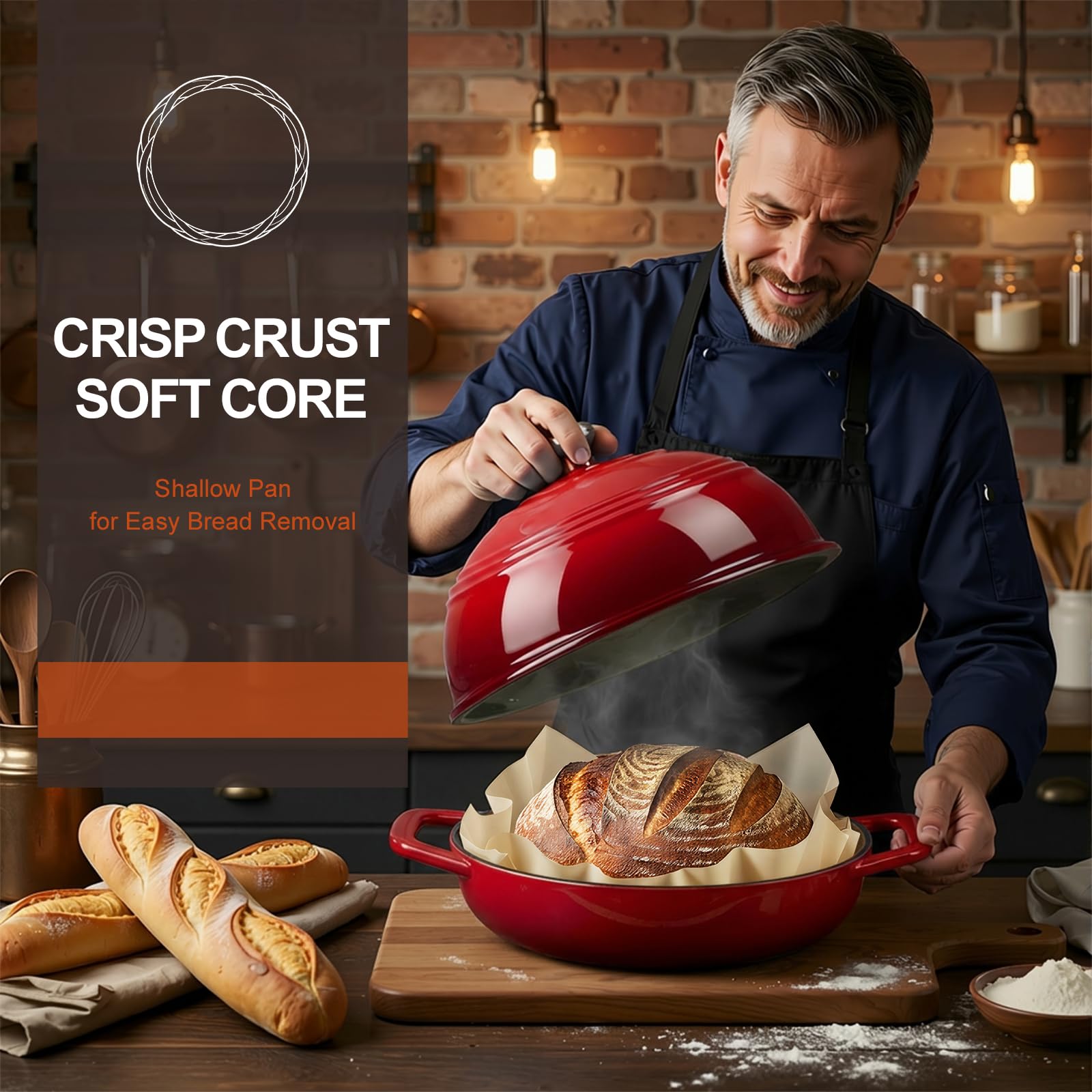 Overmont Pentola in Ghisa Smaltata per Pane - 5.7L Casseruola con Coperchio e Libro di Ricette - Per Cucina, Forno, Cuocere, Stufare e Arrostire - Rosso