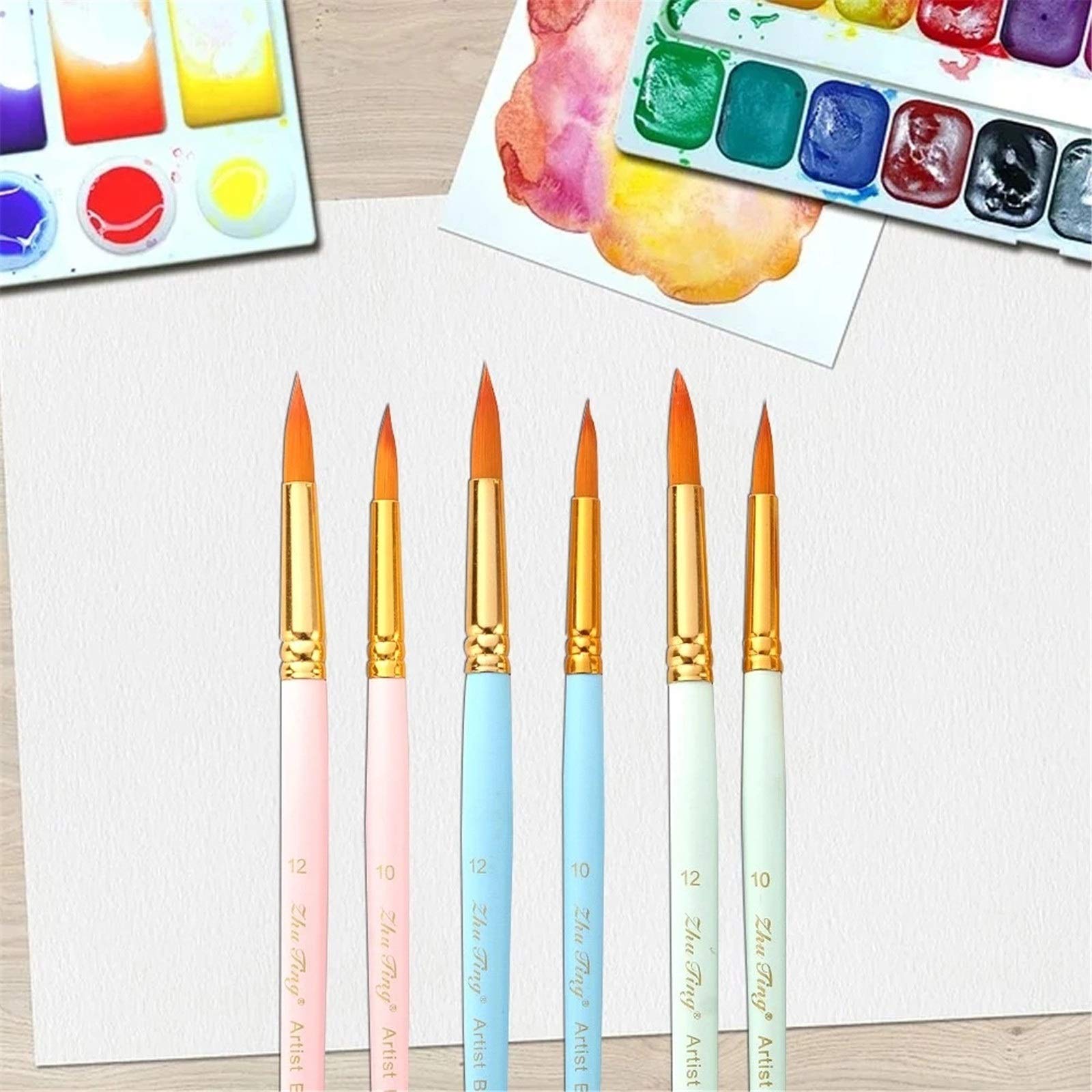 Ensembles de Pinceaux 6pcs Art Pinceau Stylo Plat Rond Pointe Peinture Professionnelle pour Débutants et Professionnels(Rose)