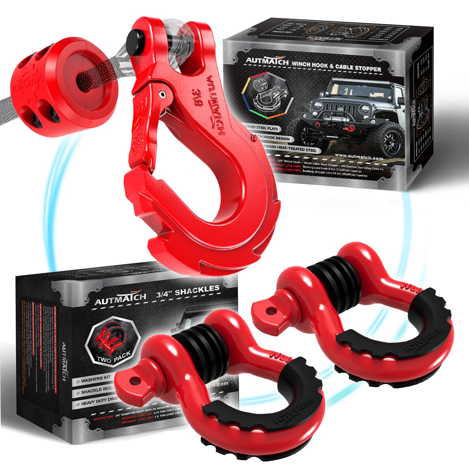 AUTMATCH 3/8" Winch Hook with Winch Cable Hook Stopper, 3/4" D Ring Shackles - Grade 70 Forged Steel Clevis Slip Hook Work for Winch Rope, ATV, UTV, Off Road Vehicle, Red