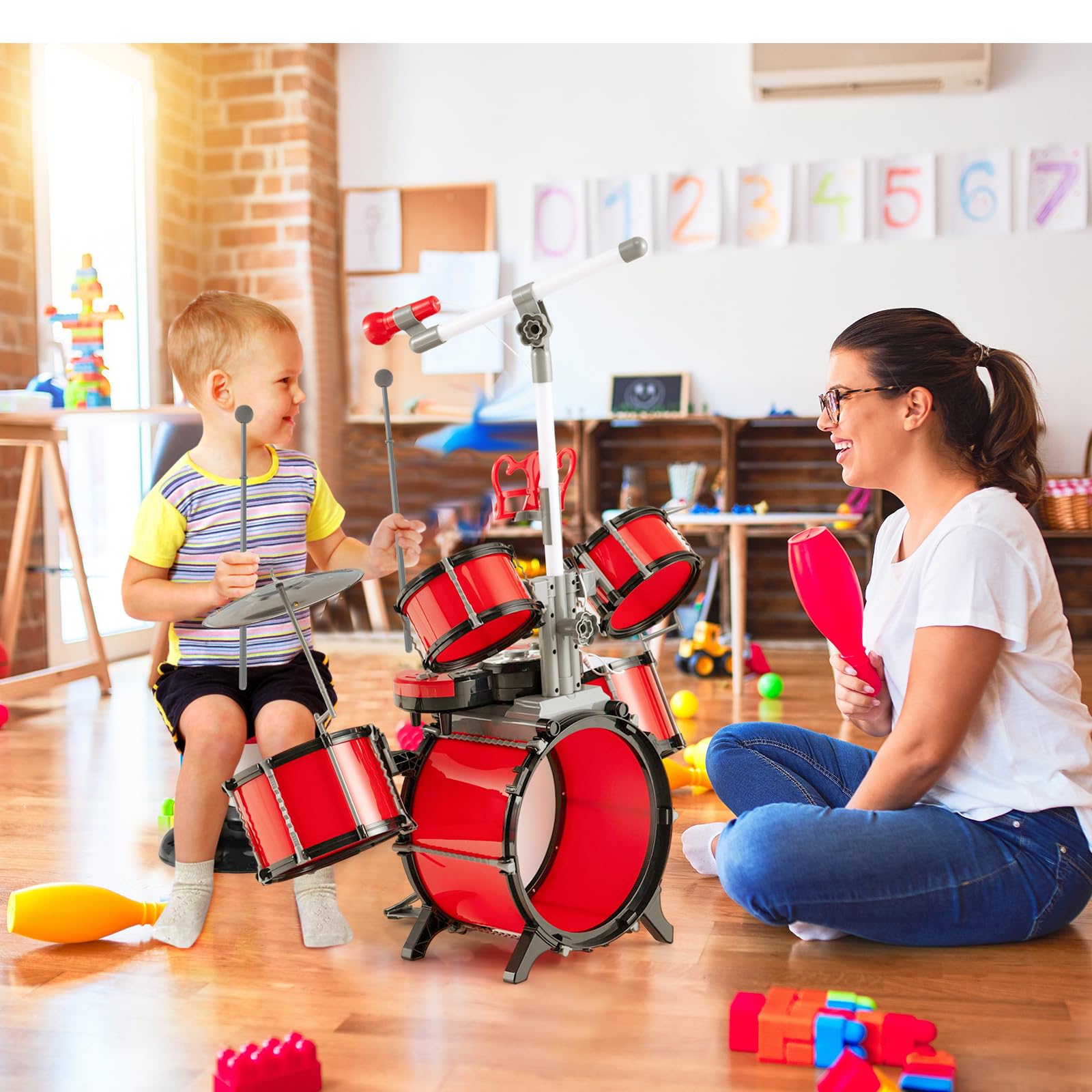 KOMFOTTEU Batterie de Jazz pour Enfant de 3 Ans+, avec Microphone, Ensemble de Batterie avec Tabouret, 5 Tambours, 2 Baguettes, 8 Touches, Connecteur MP3, Instrument Musique pour Enfant
