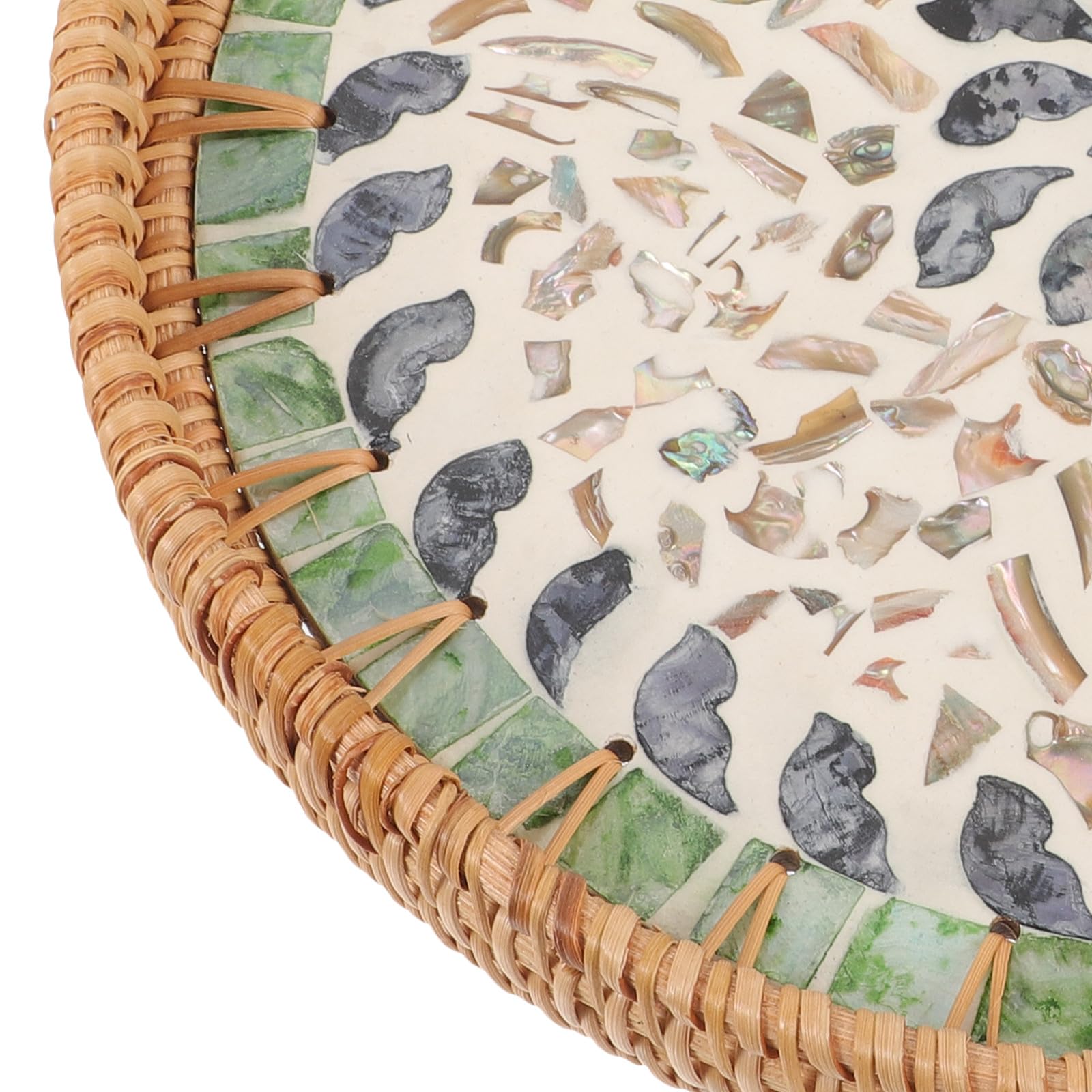 Bandeja Redonda Tejida de Ratán y Conchas Decorativa y Rústica para Servir y Almacenar en Cocina o Baño, Soporte Adecuado para Artículos Diversos