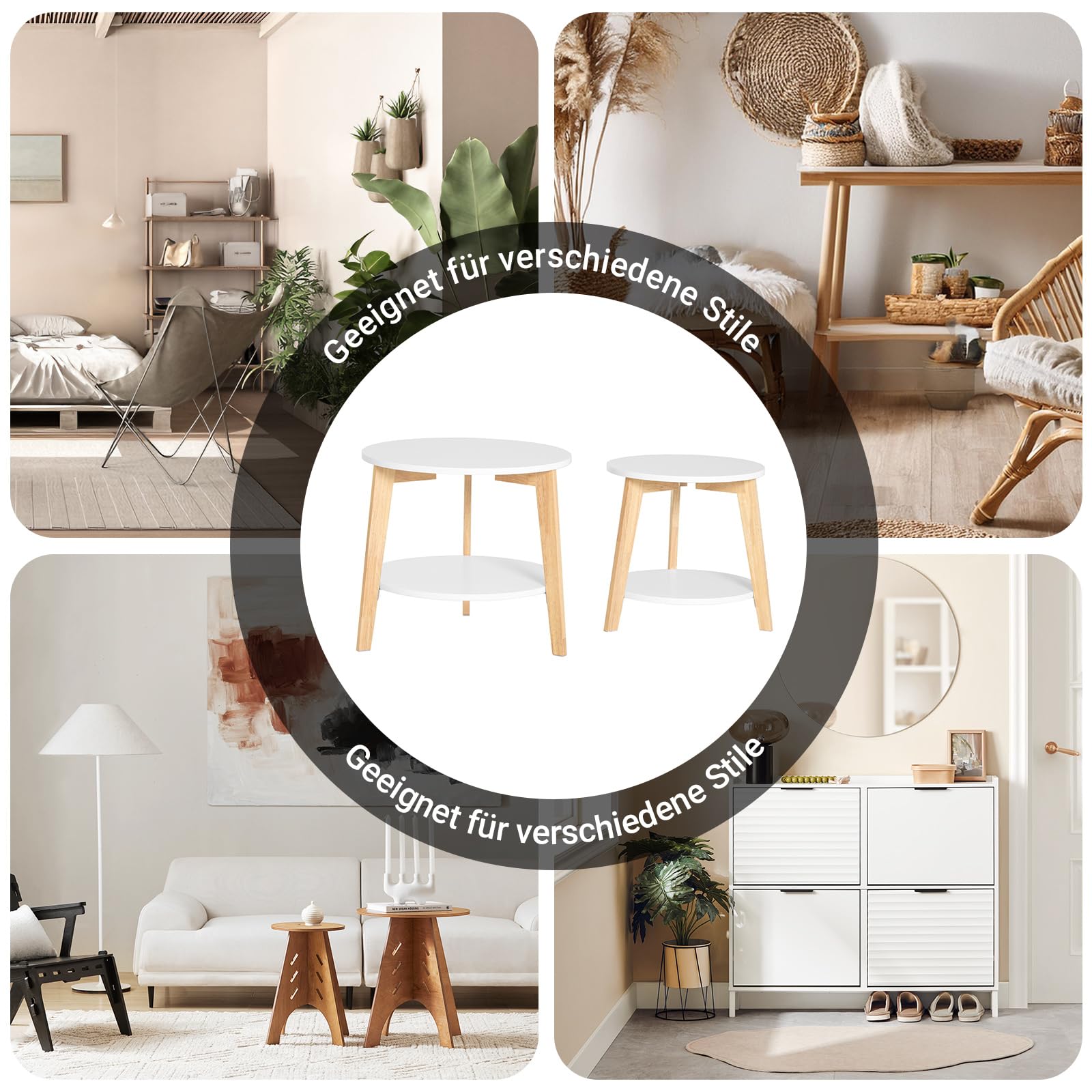 SoBuy Couchtisch 2er Set runde Beistelltische Weiß Wohnzimmer | Platzsparende Wohnzimmertische in zwei Größen, moderne kleine und große Tische für flexible Nutzung, FBT75-W