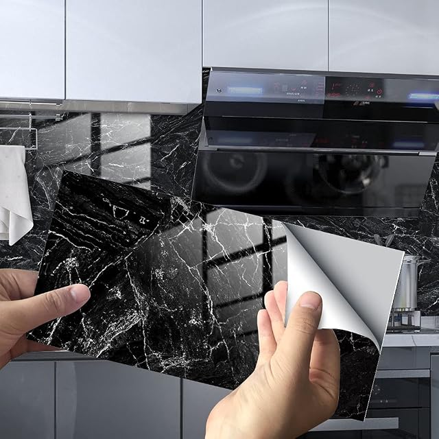 HORIWE Marble Tile Stickers for Bathroom Kitchen Backsplash Waterproof Oil Proof DIY Self Adhesive New PVC Wall Stickers Home Decor 12x6 Inches 16pc (Black Marble Pattern, 30x15cm(12"x6") - 16PCS)