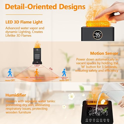 Miniatura 4 de Space Heater Meet Humidification, Portable Heater with 3D Flame, Electric Heater 2S Heating with Sensor Motion, Oscillation Rome Heater, Space