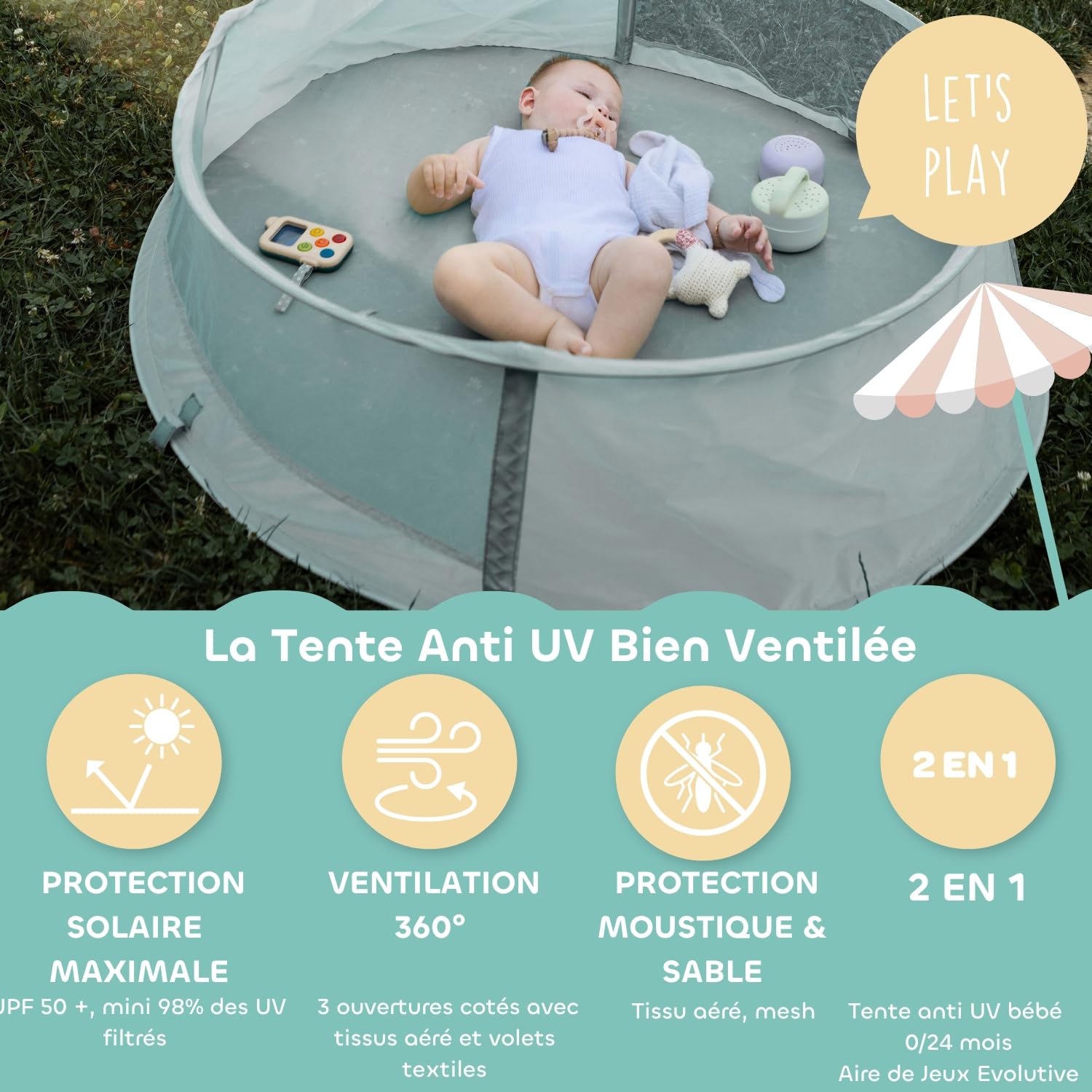 BÉABA, Tente de Plage, Tente anti UV Bébé 2 en 1, 0-24Mois, Protection Solaire Maximale UPF50+, UV filtrés, Ventilation 360°, Moustiquaires, Spacieuse, Système Pop-UP, Sac Transport, Breezynest,Lichen