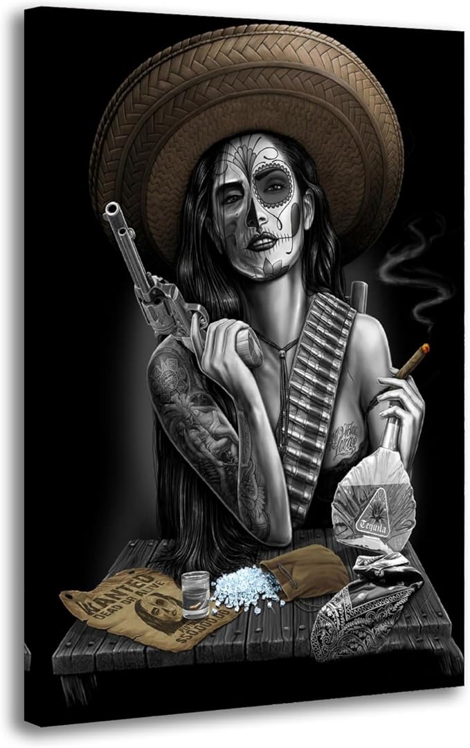 Eilikese Mexican Gangster Skull's Dia De Los Muertos Canvas Art Poster And Wall Art Picture Print Modern Family Bedroom Decor Posters 16x24inch(40x60cm)