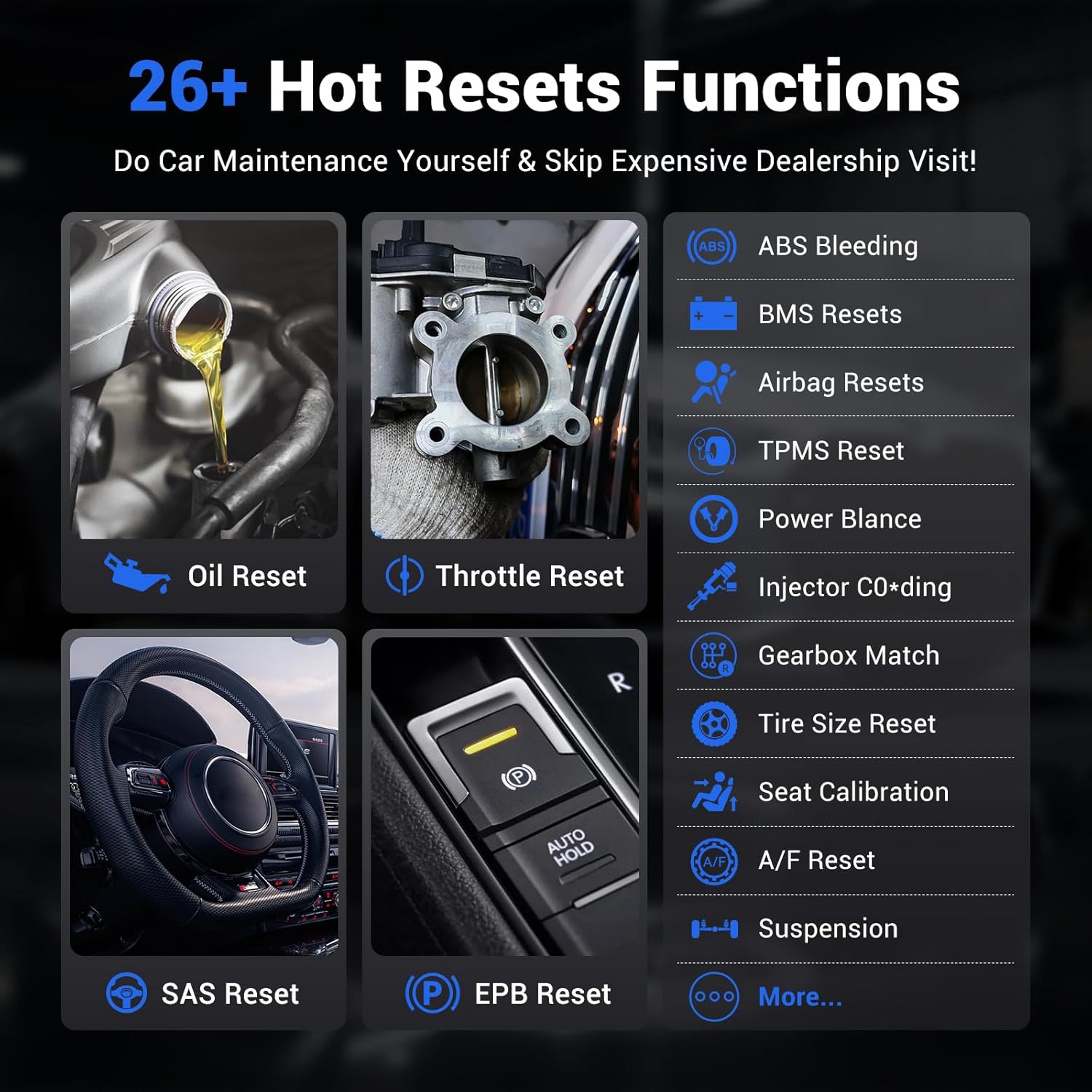 VDIAGTOOL D200 displaying 26+ hot reset functions