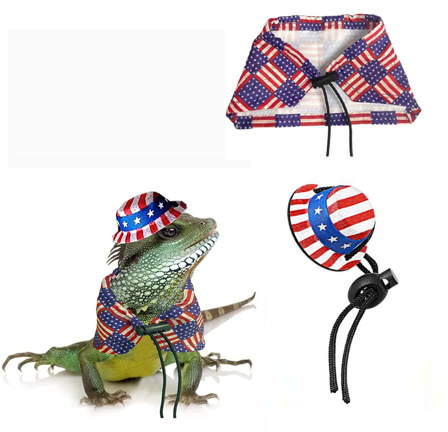 4th of July Bearded Dragon Patriotic Hat Cape Set, Independence Day Guinea Pig Clothes Independence Day Bearded Dragon Clothes Accessories for Reptile Lizard Gecko