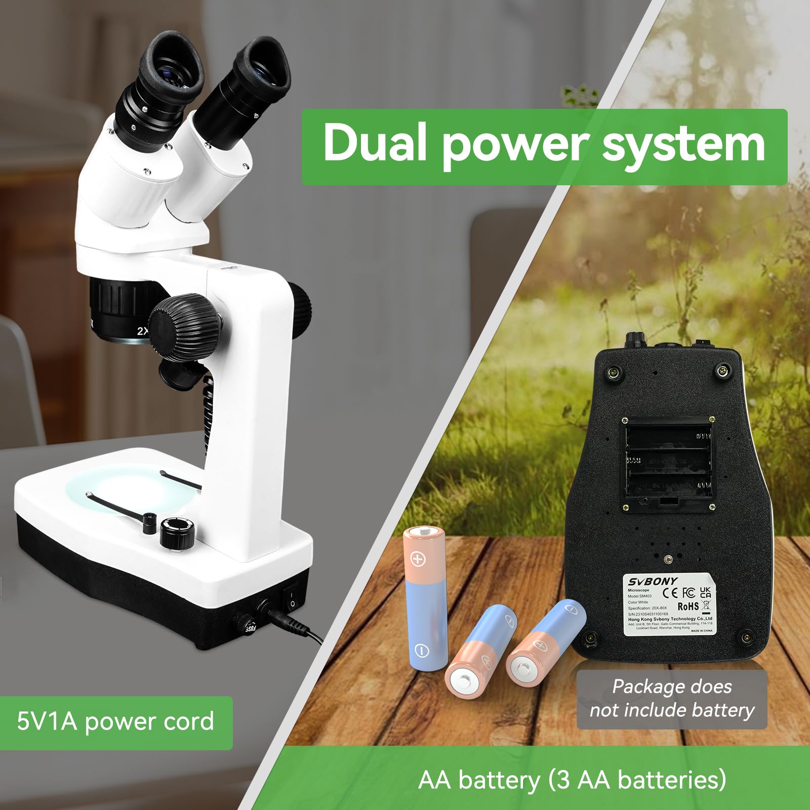 Svbony SM403 Microscopio Estéreo Binocular, 20x-80x Microscopio Estereoscópico, con Iluminación LED Doble Fuente de Alimentación, Microscopio Óptico para Reparación de Circuitos Impresos