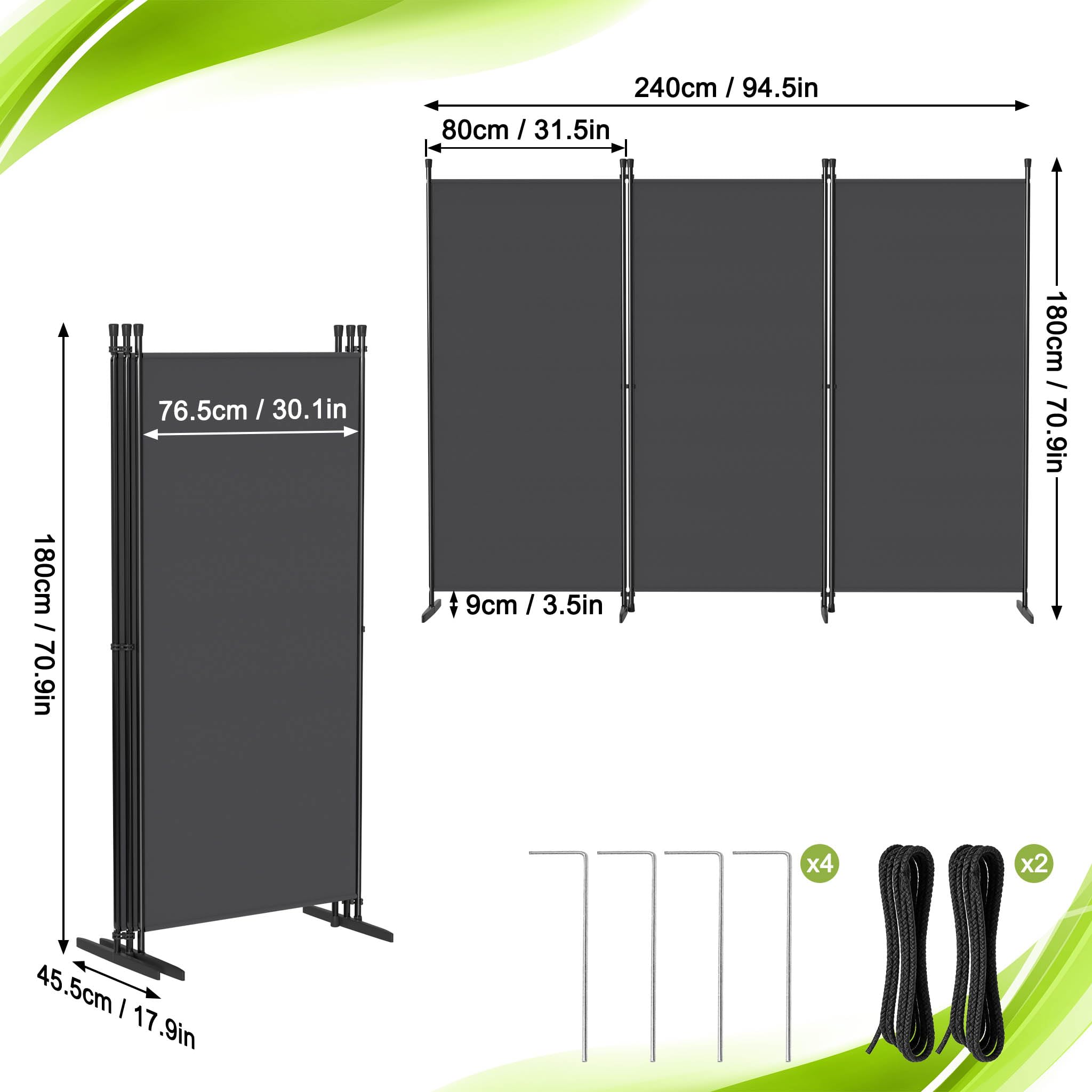 LZQ Paravent Raumteiler Klappbar Freistehend Sichtschutz Trennwand Faltbar Spanische Wand Stellwand Raumtrenner für Schlafzimmer Wohnzimmer Büro Balkon Innenbereich – 3 Teilig 240x180 cm Dunkelgrau
