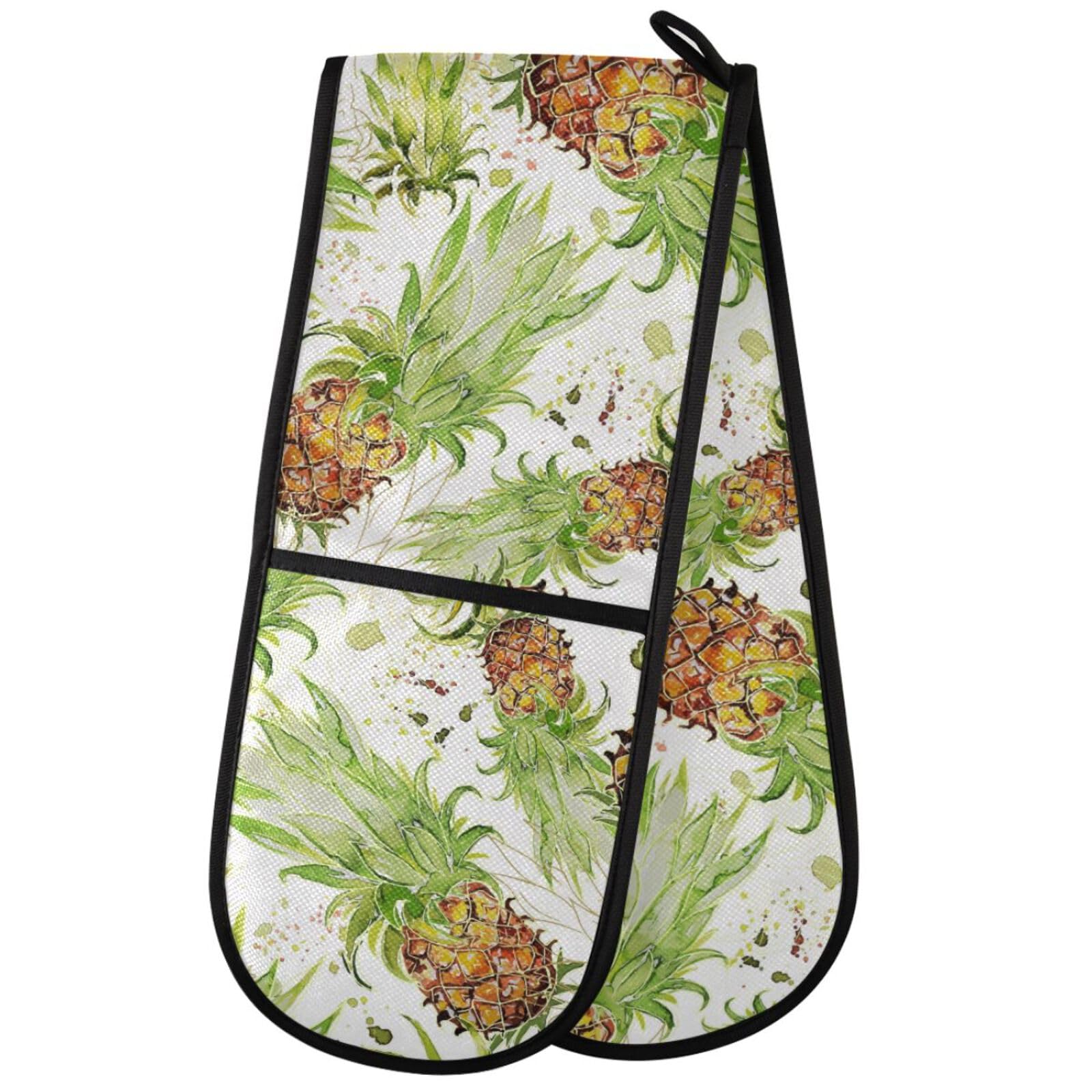 ZZXXB Pineapple Watercolor Double Oven Mitt Heat Resistant Non-Slip Kitchen Gloves Extra Long 7" x 35" for Cooking Baking Barbecue Grilling