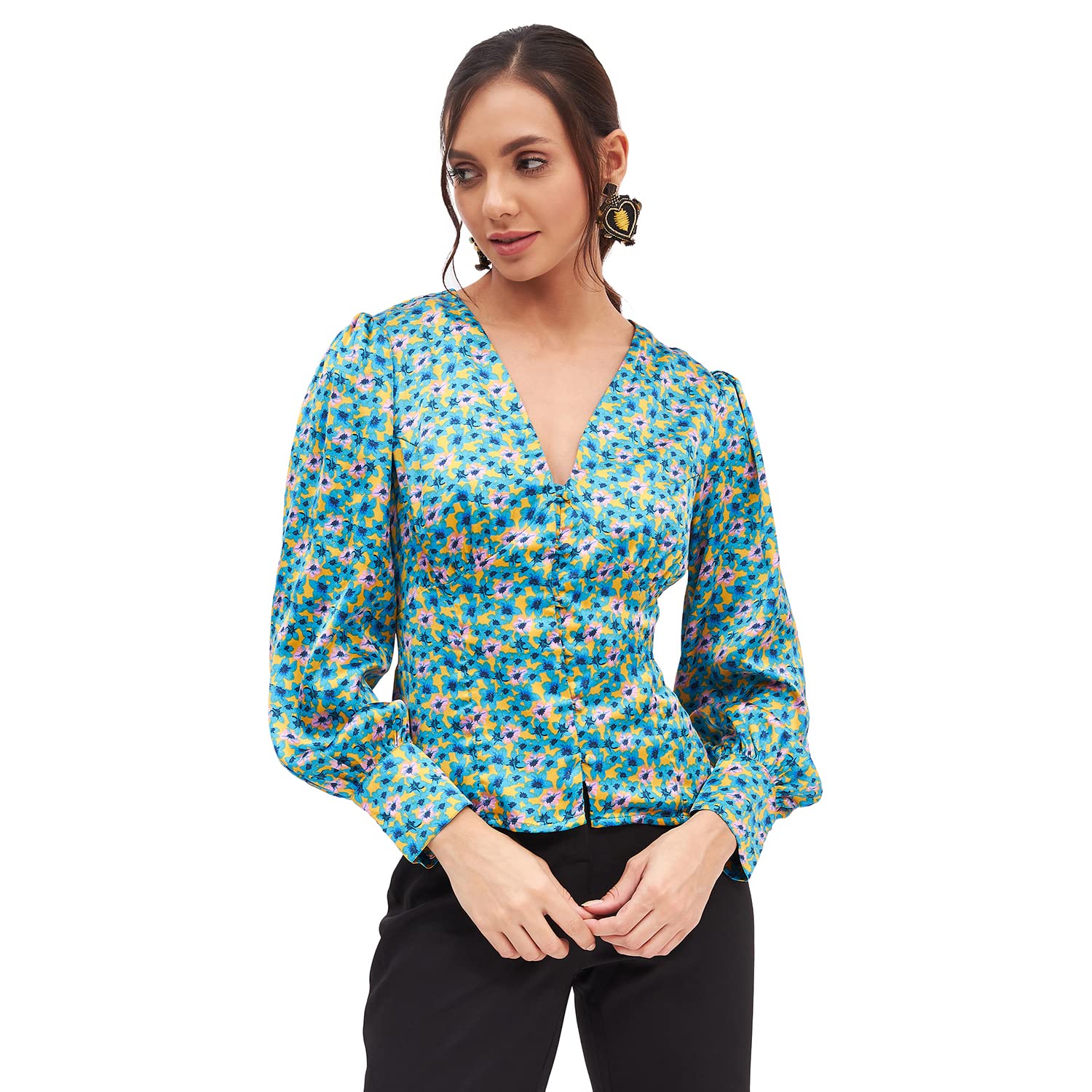 kibo Casual Women's Polyester Multi-Color V Neck Cuffed Sleeves Top-picture-11