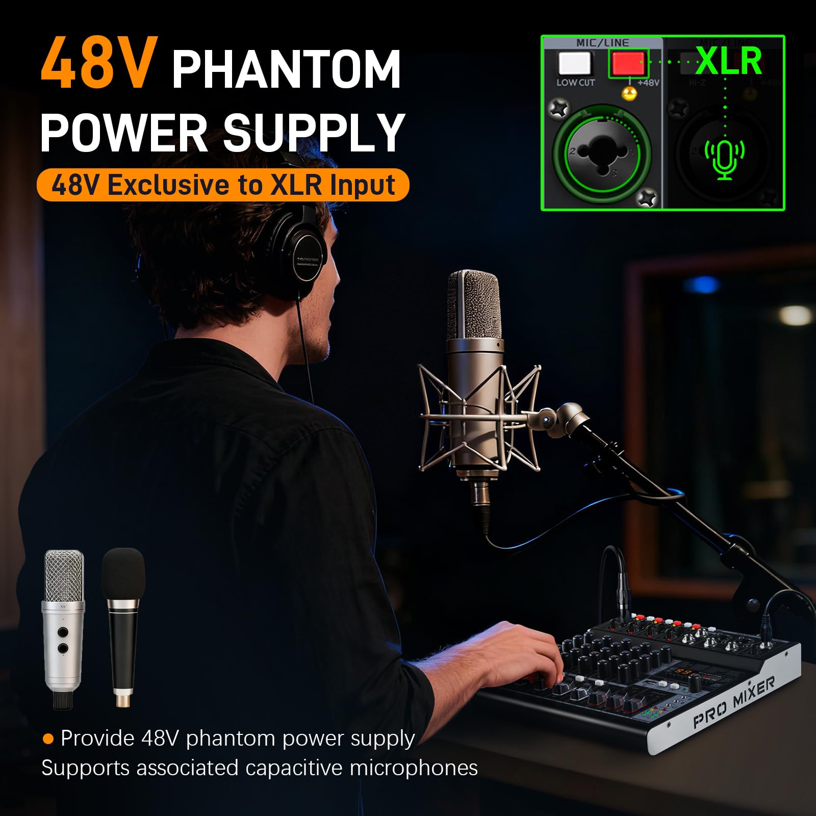 RM06 6-kanałowy mikser audio, płyta dźwiękowa, mikser Bluetooth, interfejs audio USB, mikser DJ z 2 wejściami XLR, nagrywanie 24-bitowe 192 kHz, konsola miksująca do podcastów na żywo do