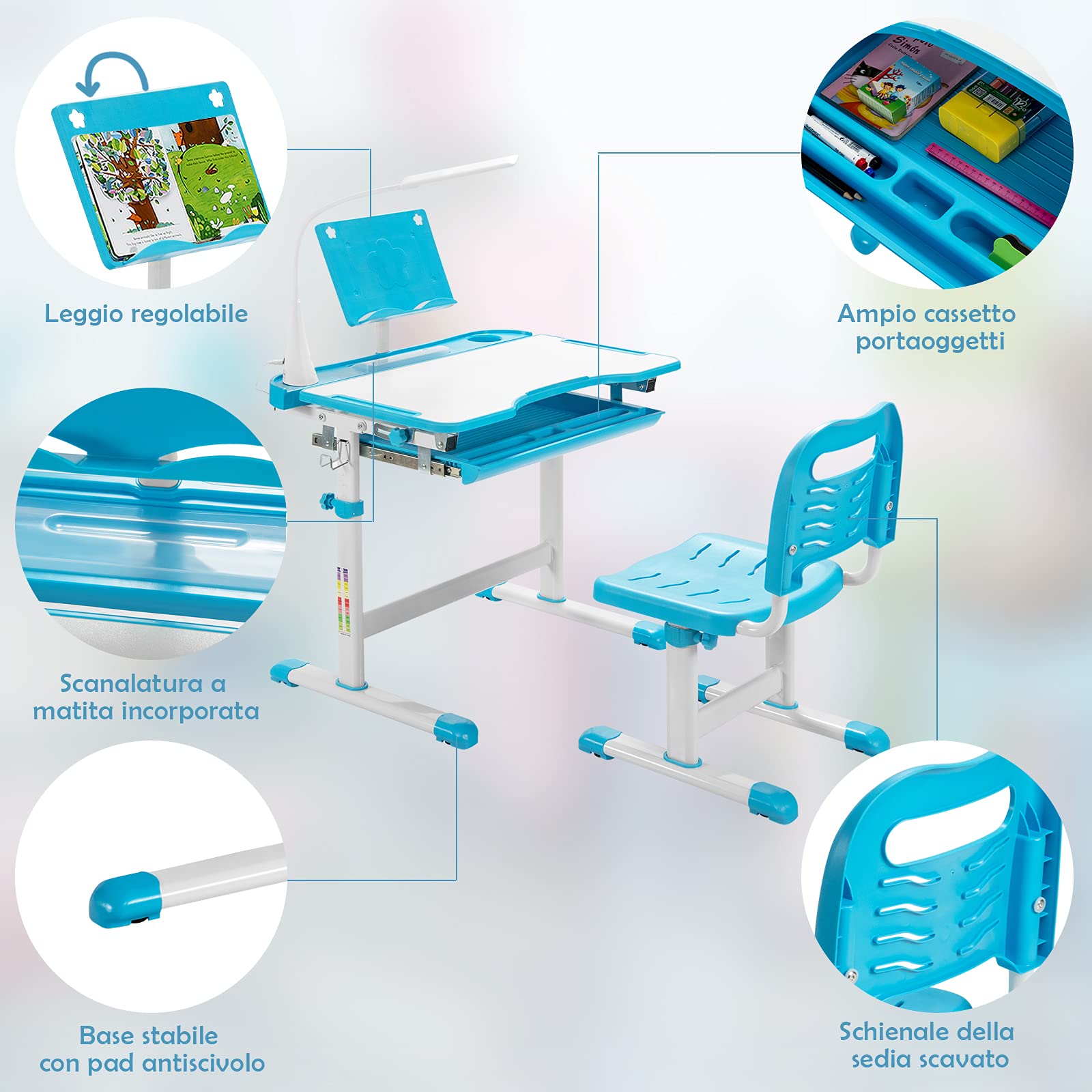 COSTWAY Set Scrivania e Sedia per Bambini, Tavolo Regolabile in Altezza con Piano Inclinabile 45° e Luce LED 3 Modalità, Tavolo e Sedia Ergonomica in Materiali Sicuri per 4+ Anni (Blu)