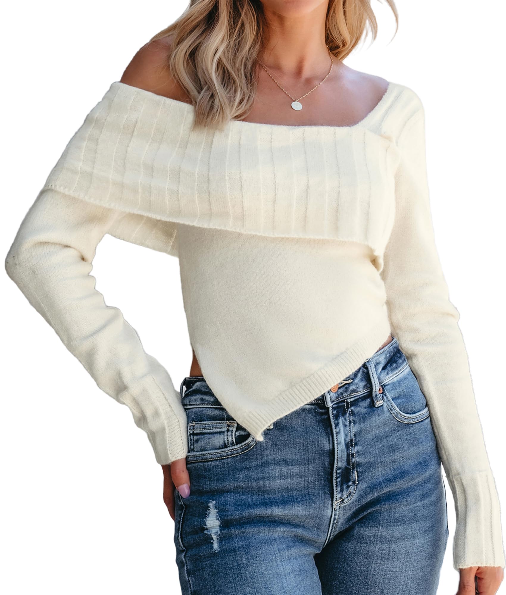 Womens Sexy One Shoulder Sweater Pullovers Casual Long Sleeve Irregular Slipt Hem Sweaters Going Out Tops