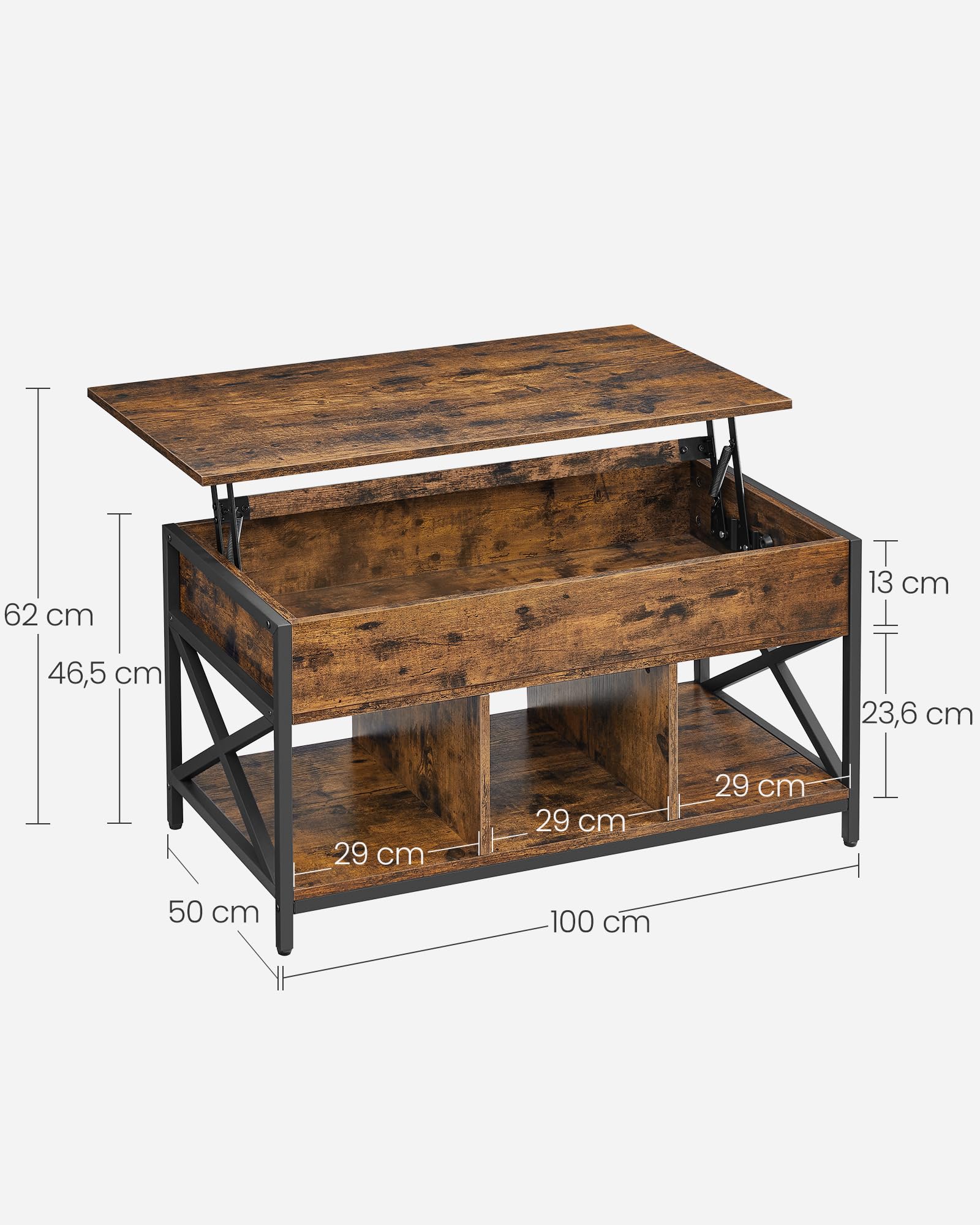 VASAGLE Couchtisch, höhenverstellbarer Wohnzimmertisch, Kaffeetisch, mit verstecktem Stauraum und offenen Fächern, Stahlgestell, 50 x 100 x (46,5-62) cm, vintagebraun-schwarz LCT202B01