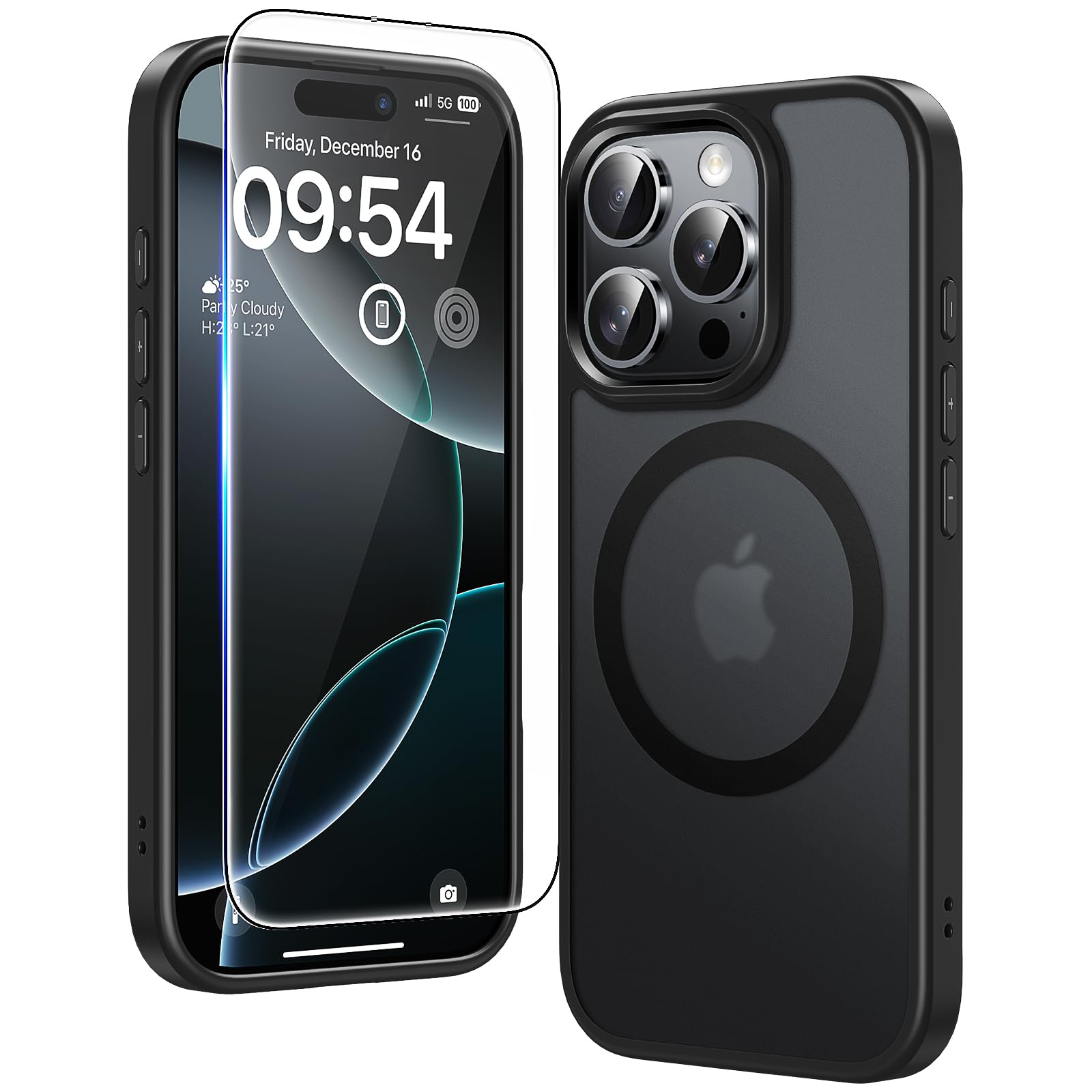 TAURI 3 in 1 Kit Magnetica Cover per iPhone 16 Pro [Compatibile con MagSafe] con 2 Pellicola in Vetro Temperato, Custodia Rigida per Sottile Anticaduta - Nero Opaco