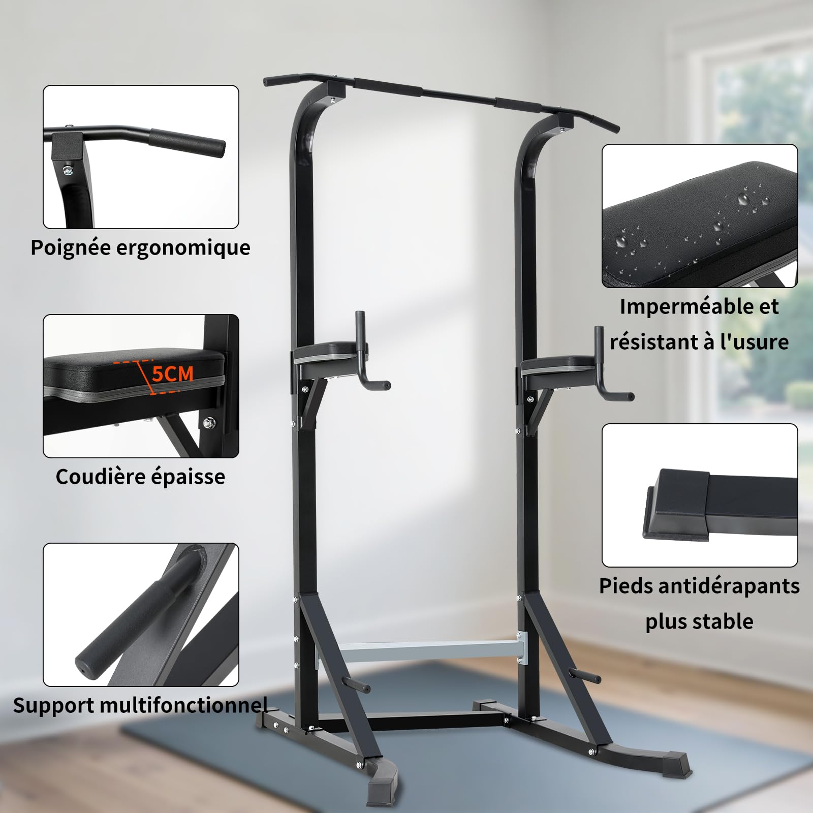 Chaise Romaine Station de Musculation Complet, Pull Bar Barre de Tractions sur Pieds, Barres de Traction Support d'Entraînement Dips Pull Up Fitness Power Tower, Barre Traction Stable Charge 150KG