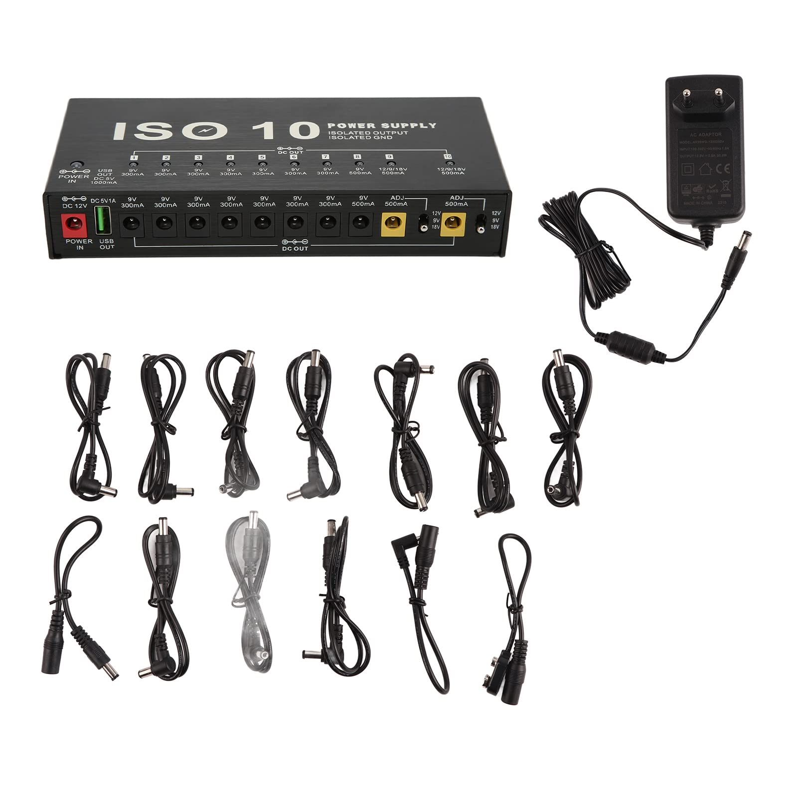 DC 12V Zasilacz do Pedału Gitarowego Metalowy Zasilacz do Pedałów 10 Izolowanych Wyjść Multiefekt Mocy z 2 Regulowanym Napięciem Kabel Przejściowy 3,5 Mm(EU Plug)