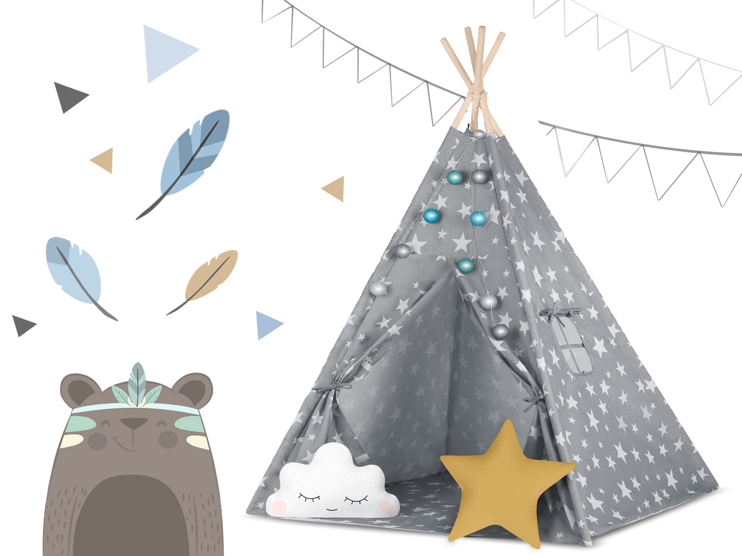 Kinder Indianer Tipi Zelt Nukido - Montessori Stil, Naturmaterialien, 2 Kissen, Bodenmatte, Lichterketten & Abdeckung inklusive - Ideal für Kinderzimmer und Gartenabenteuer