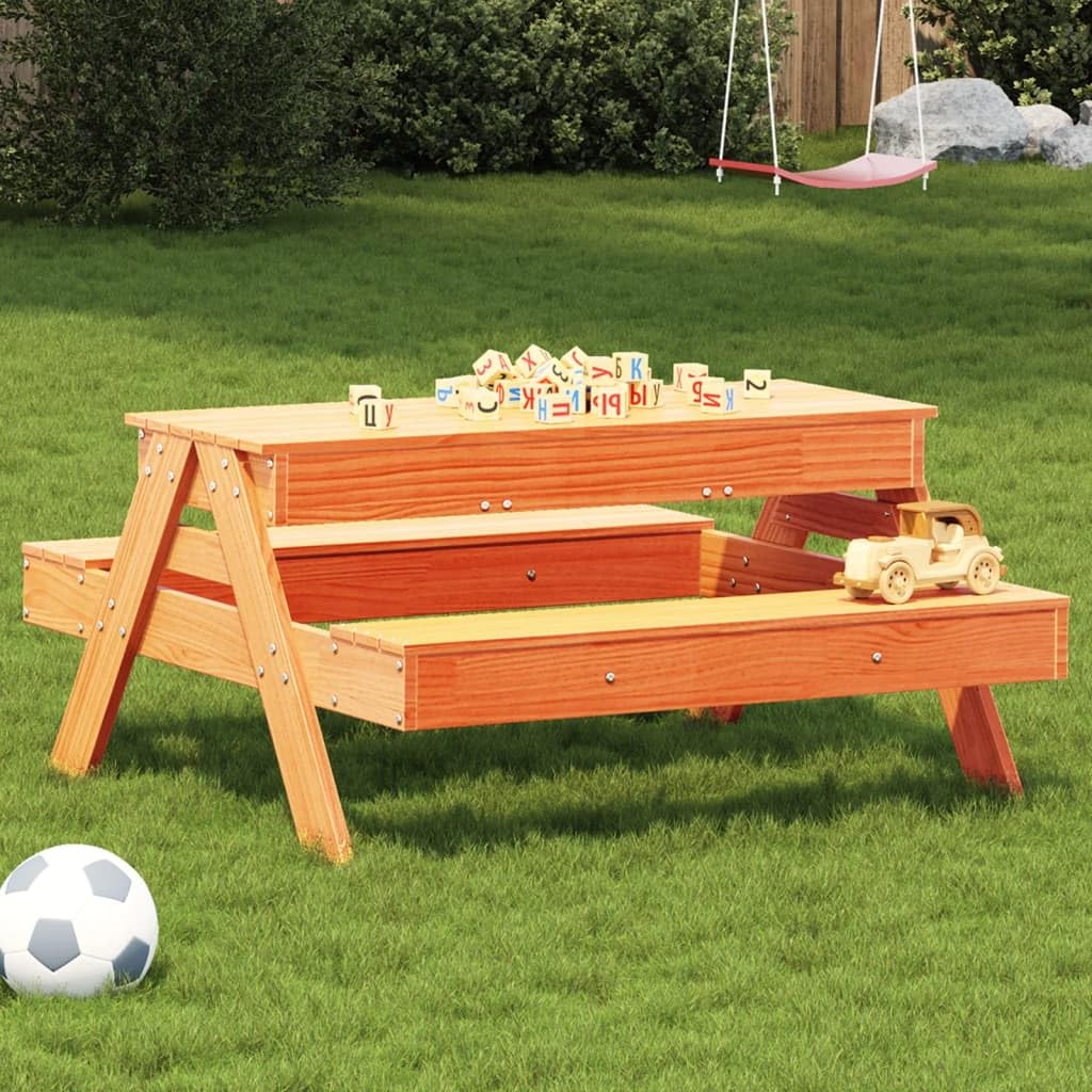 Tavolo da picnic per esterni con sabbiera per bambini, in legno massello di pino marrone cerato