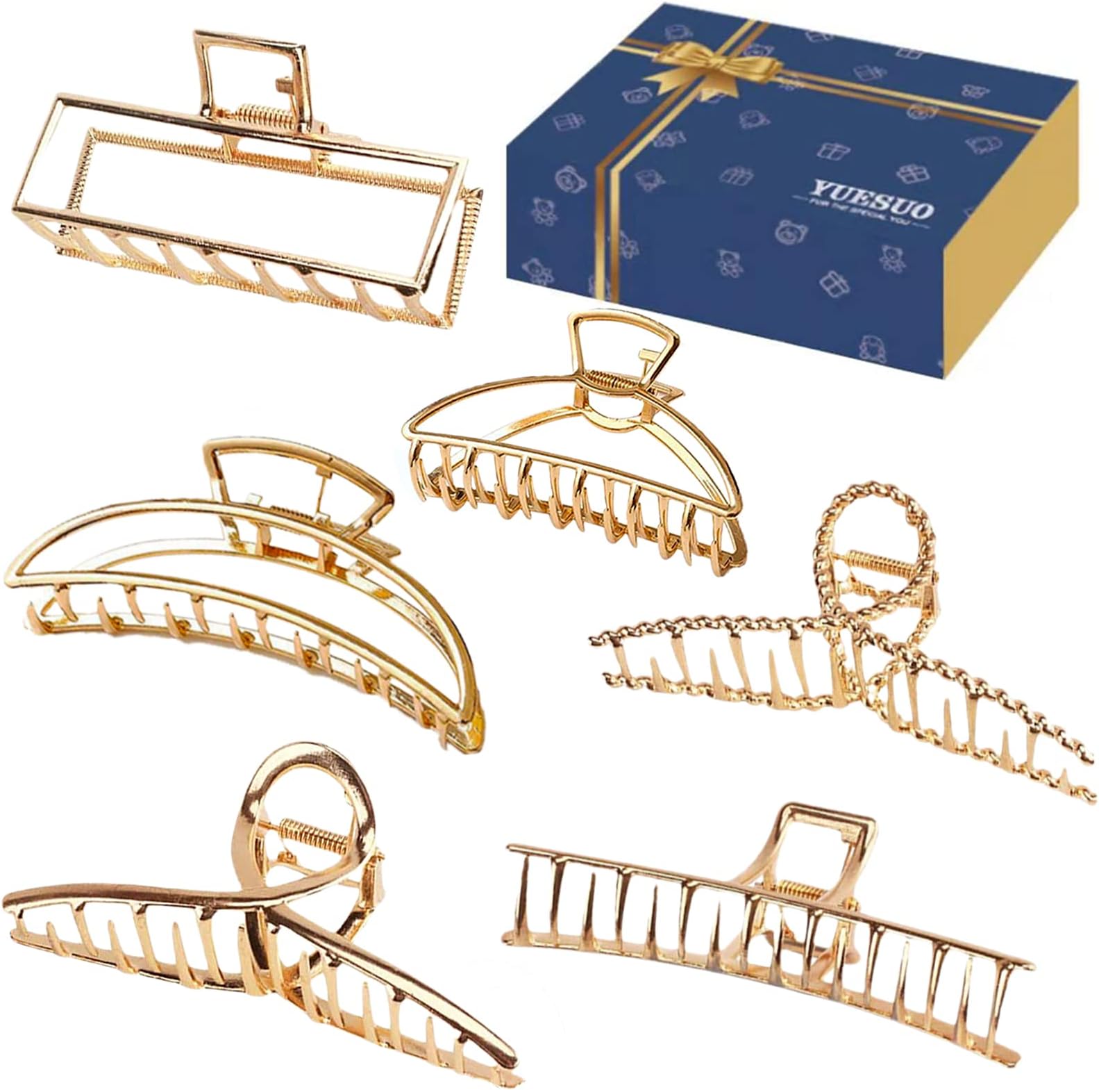 YUESUO4.7 Inch Large Gold Metal Hair Claw Clips 6Pcs Big Hair Clips for Women Strong Claw Hair Clips for Thick Hair Gold Butterfly Clips Non-Slip Jaw Clip Fashion Hair Accessories for Women