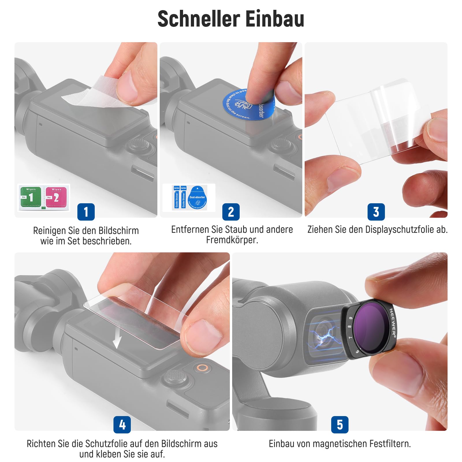 NEEWER Variables ND 2-32 & 64-512 Set kompatibel mit DJI Osmo Pocket 3 / Pocket 4 / Xtra Muse, Neutraldichtefilter für Action Kameras mit begrenzter Blendenstufe & 2 Displayschutzfolien als Zubehör