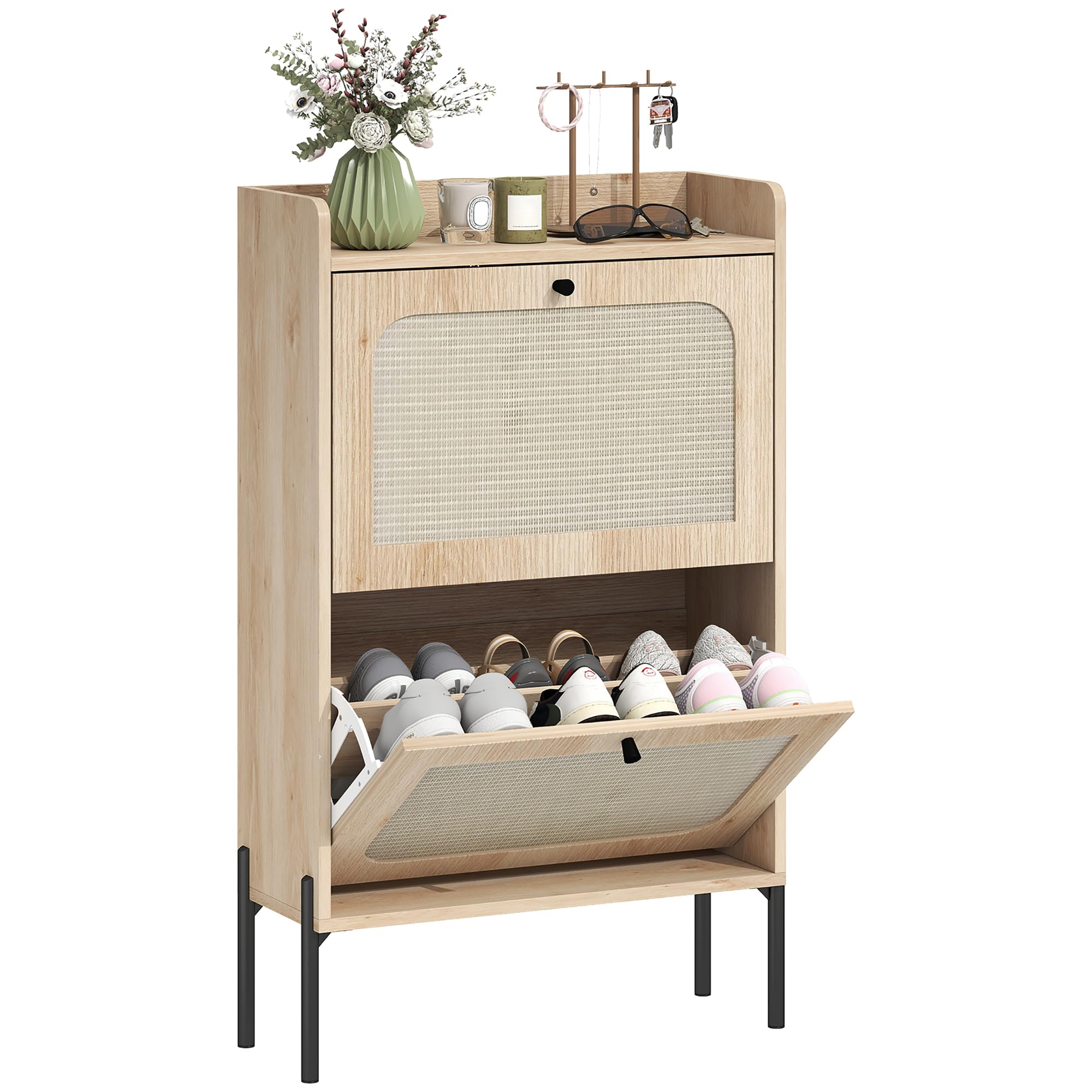 HOMCOM Shoe Cabinet with 2 Flip Drawers, Narrow Shoe Storage Cabinet with Adjustable Shelves, Raised Tabletop, Rattan Accent, Boho Storage Organizer for Entryway, Hallway, Holds 8-12 Pairs, Oak - 1