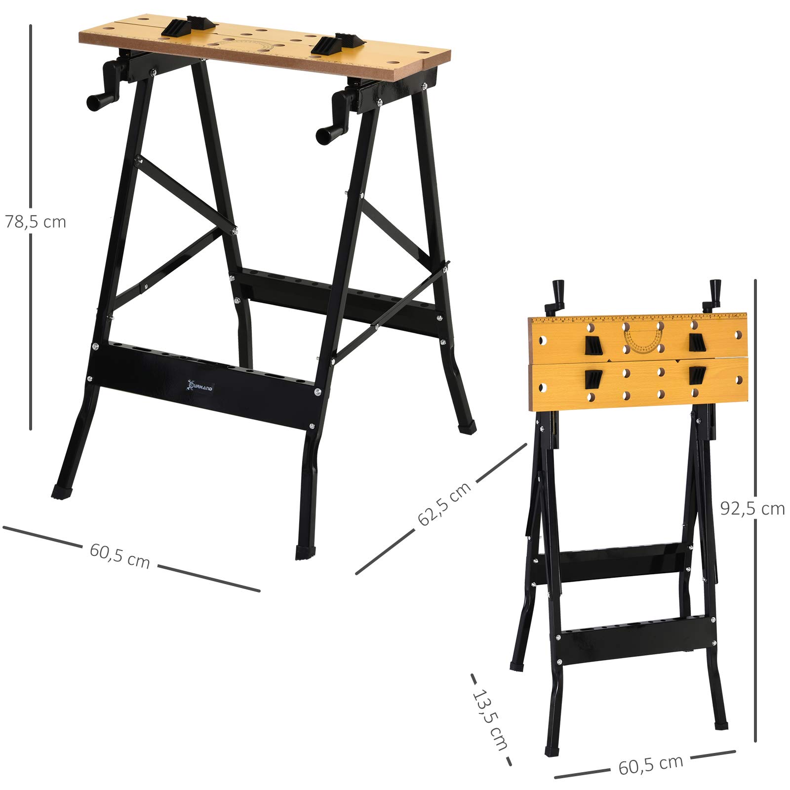 DURHAND Établi pliant établi de serrage avec 4 serre-joints table de travail chevalet de sciage, charge 100 kg, structure en acier, plan de travail pour chantier atelier garage, 62,5x60,5x78,5cm, noir