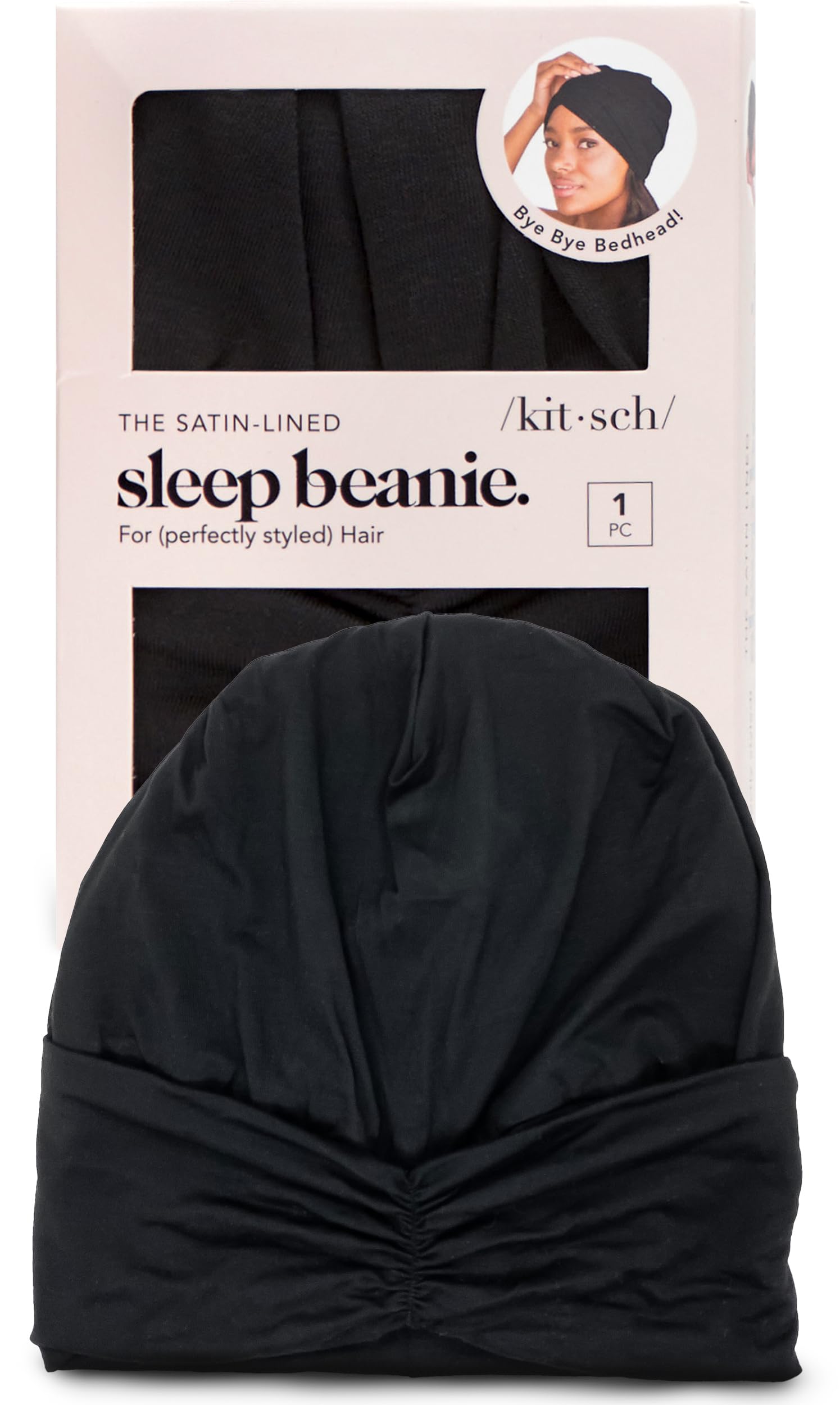 Kitsch Satin Lined Beanie - Softer Than Silk Beanie for Sleeping Women, Breathable Hair Cover for Sleeping, Slouchy Beanies, Bonnets for Women, Hair Wrap, Reduce Breakage for Frizz-Free Hairs - Black