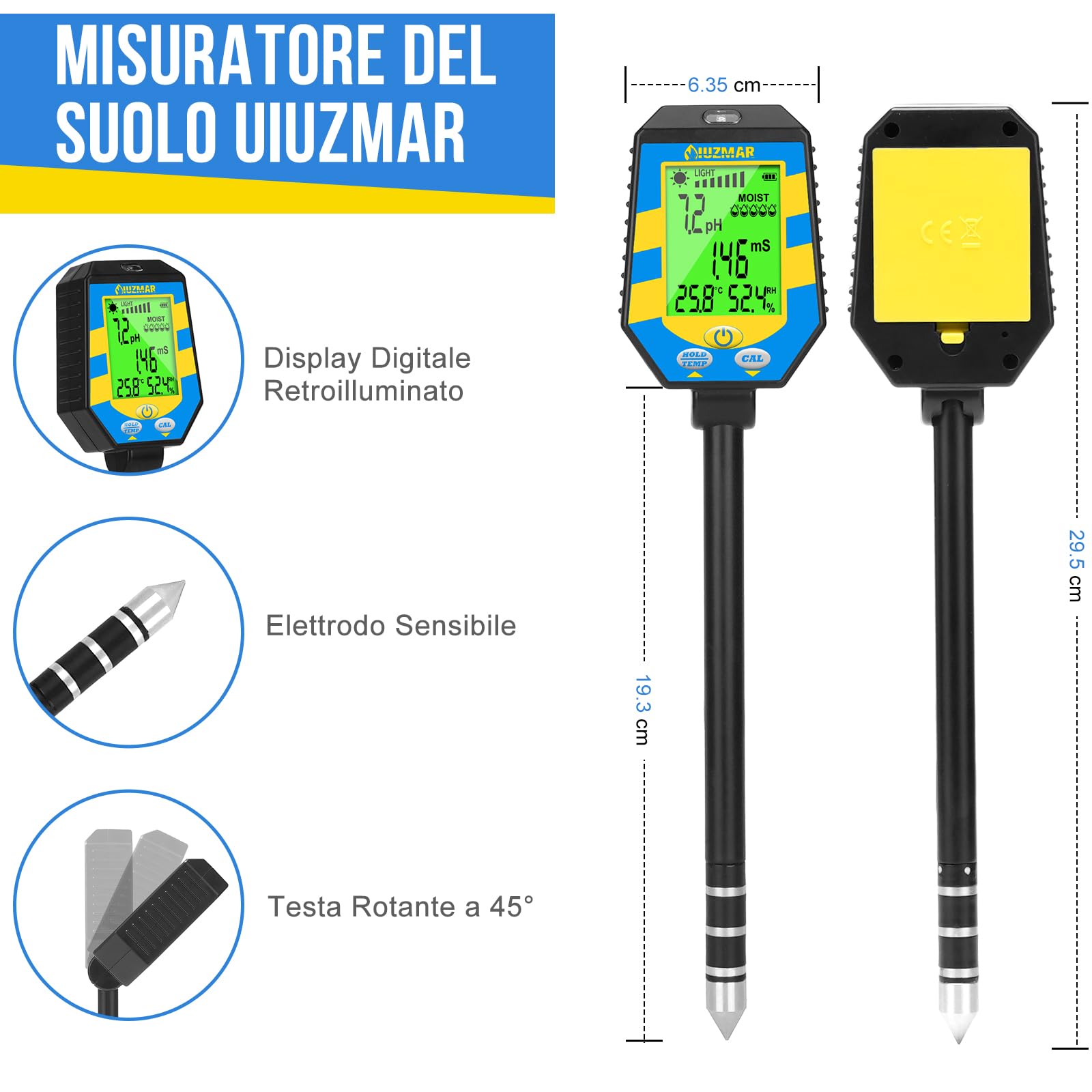 UIUZMAR Misuratore pH del Terreno 6 in 1, pH EC Luce Umidità del Suolo | Piaccametro EC Accurato per Piante e Idroponica