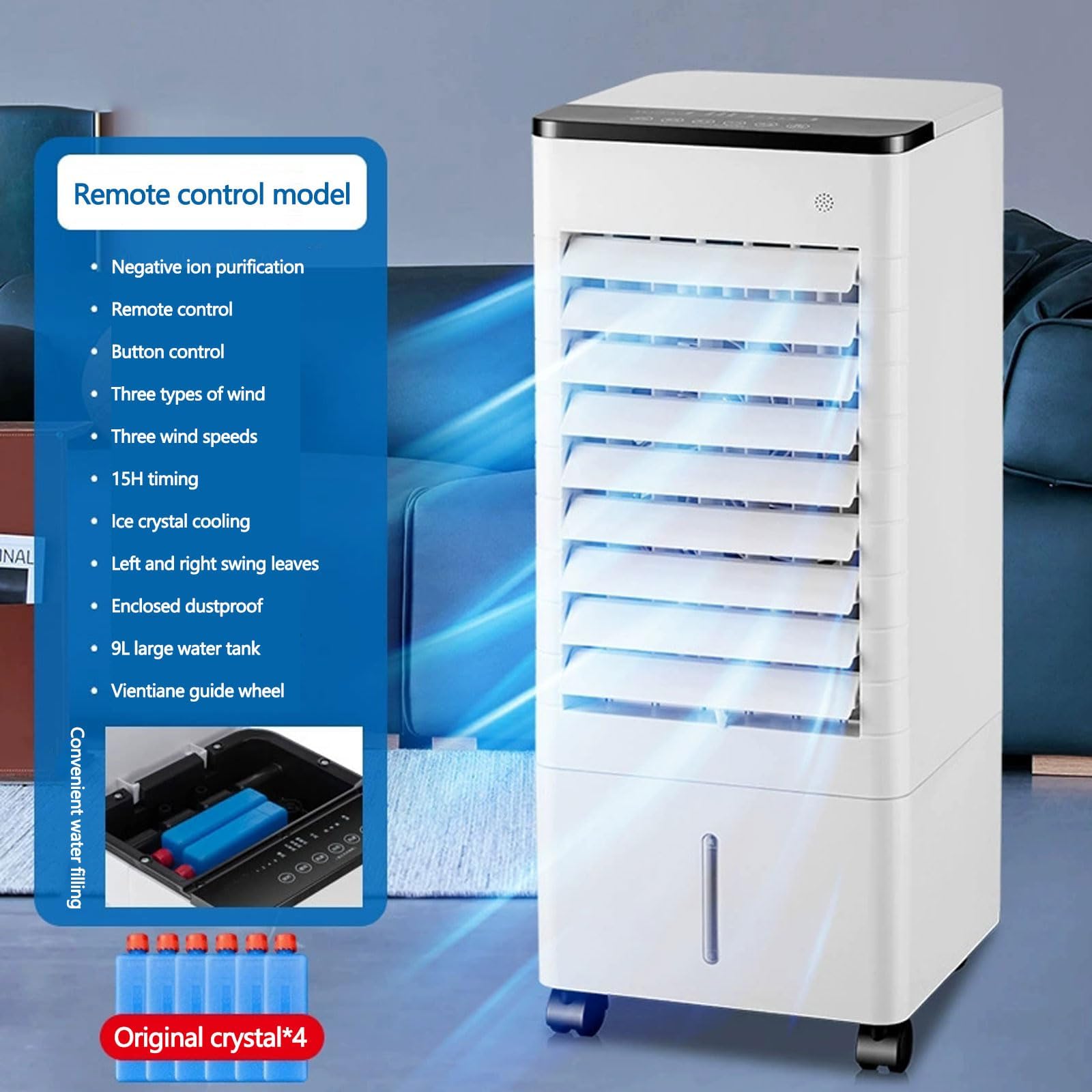 Raffreddatore d'Aria, Portatile 3-in-1 da 9l, Timer di 15 Ore, 3 Impostazioni di Velocità, Oscillazione a 90° con 4 Cristalli di Ghiaccio, Raffreddamento a Basso Consumo Energetico per Uso Interno e i