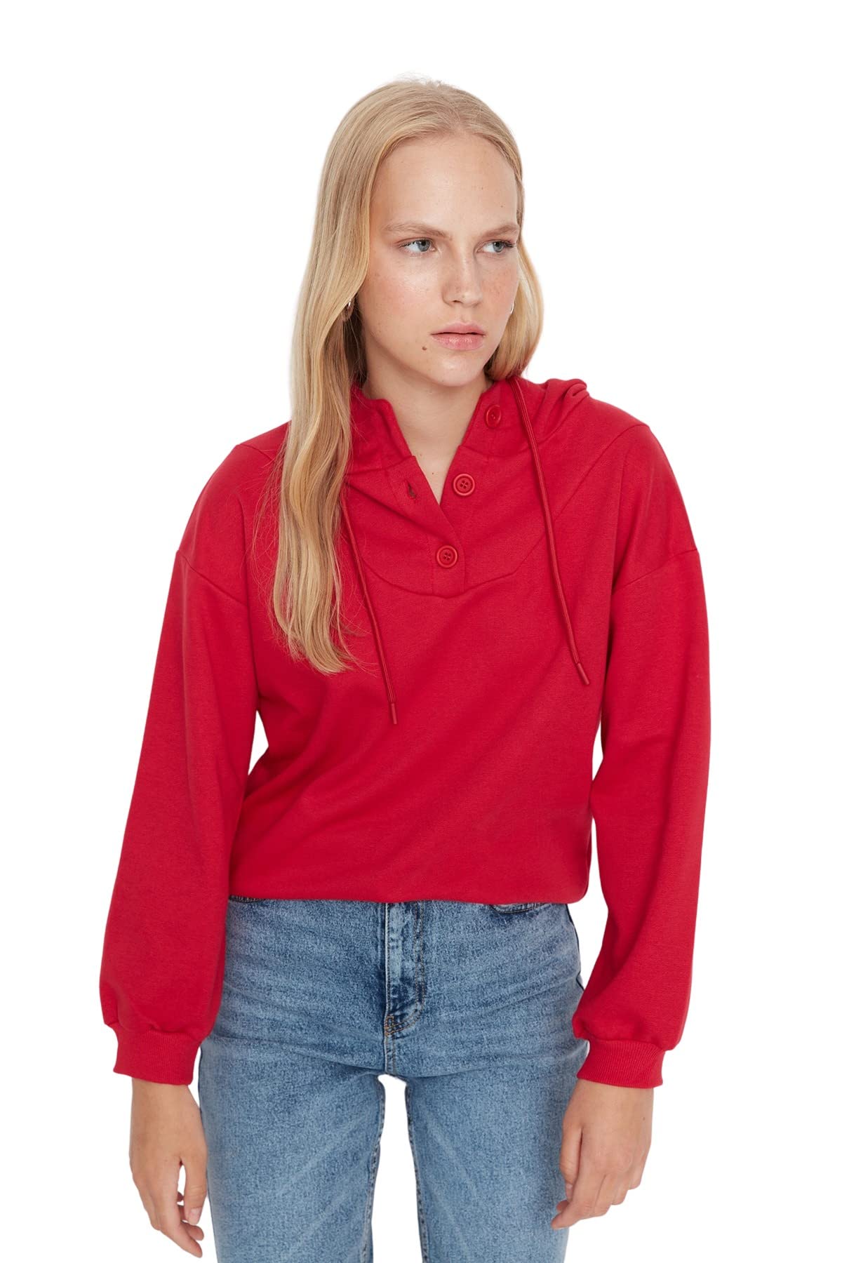 Trendyol Women's Hood Plain Regular Sweatshirt, Red, XS UK