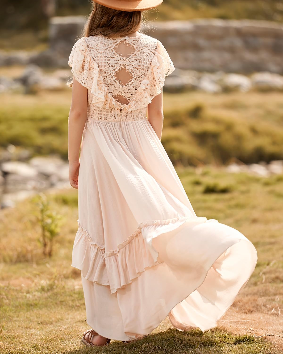 BIBIHOU Girls Lace Dress Boho Backless A Line High Low Hem Party Flower Girl Dress 6-14 Years - Image 3