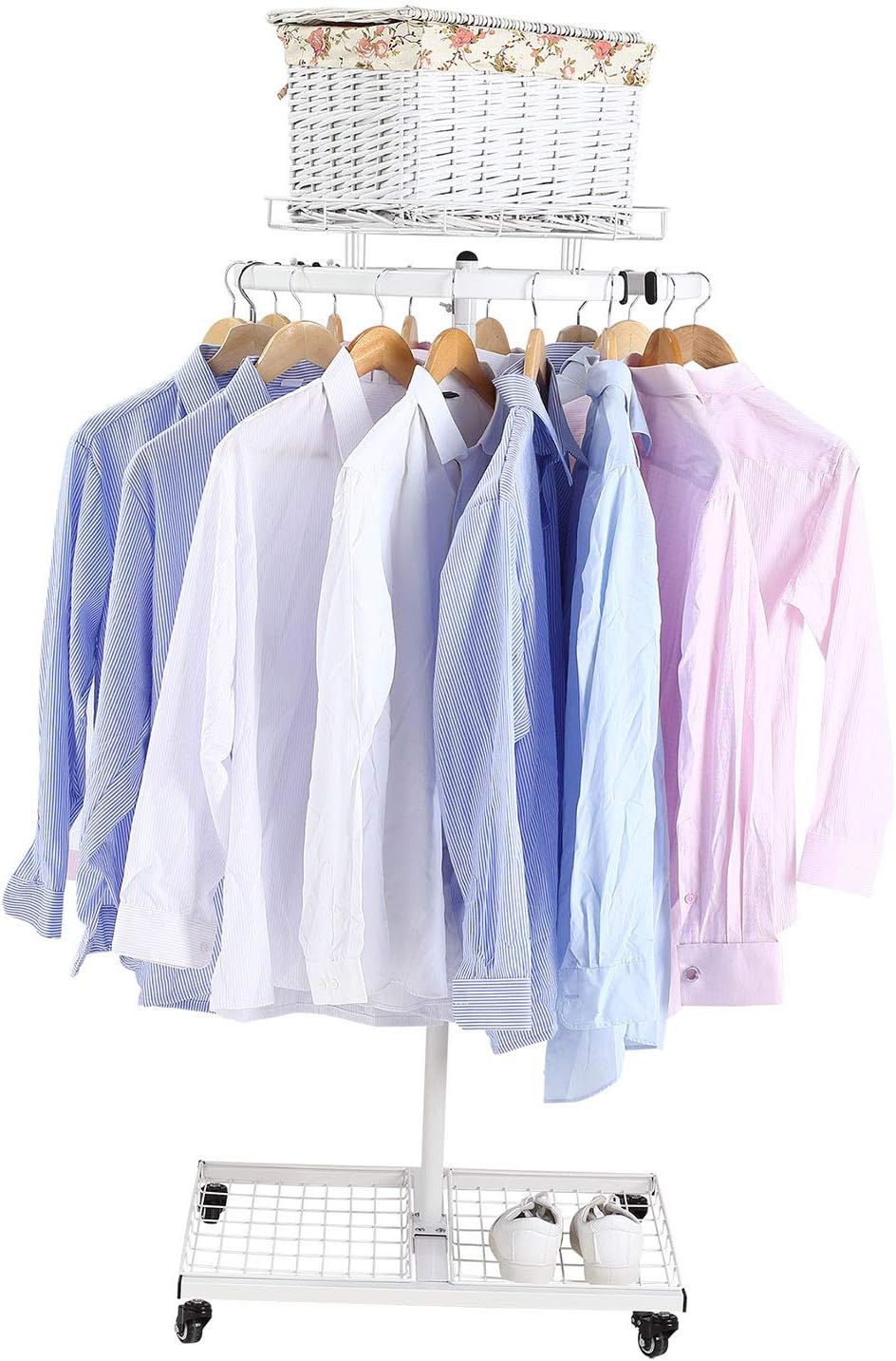 NEUN WELTEN Professional Heavy Duty Clothing Retail Display Stand with Wheels and Basket Shelf - Height 1.8m Garment Dress Shop Rails (White, 2 Shelves)