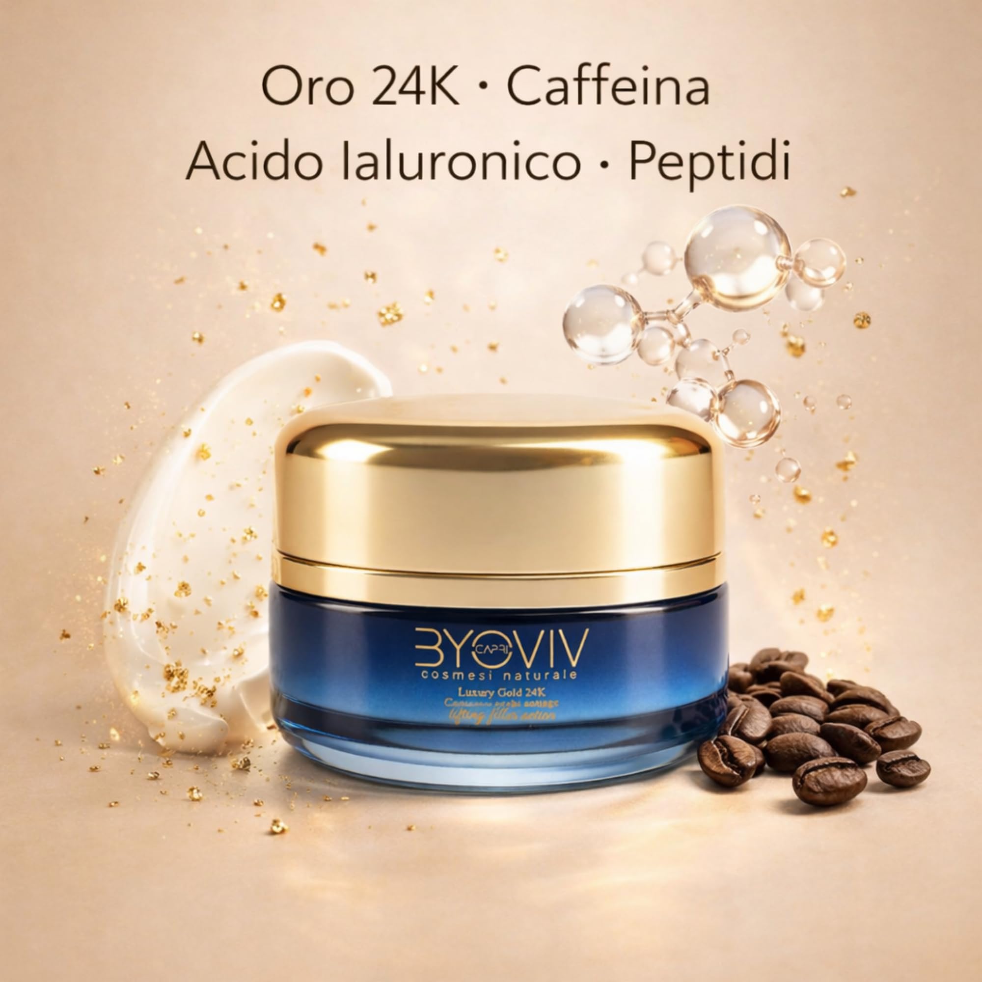 Byoviv Capri Contorno Occhi Antiage Oro 24K con Caffeina Acido Ialuronico e Peptidi, Crema Contorno Occhi per Occhiaie Borse e Rughe, Effetto Idratante e Liftante 30 ml