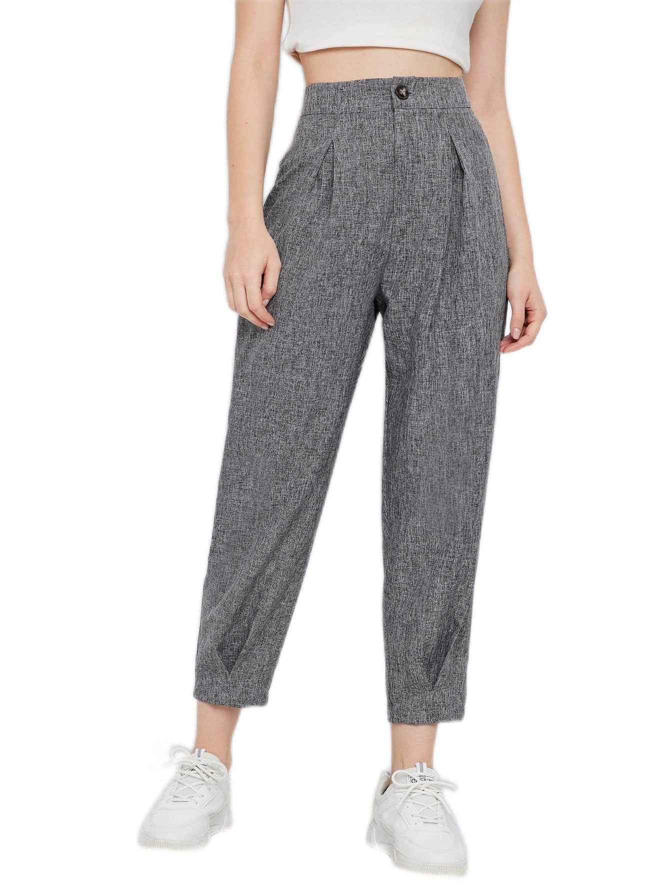XIBANY Womens Pants High Waist Fold Pleat Marled Knit Cropped Pants Pant for Women