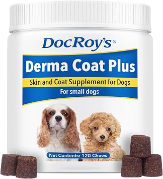 Doc Roys Derma Coat Plus, Fatty Acid Soft Chews for Dogs, Omega 3-6-9 with Biotin and Antioxidants, Daily Supplement for Skin and Coat, MicroEssentials Nutrients, 120 ct, Small