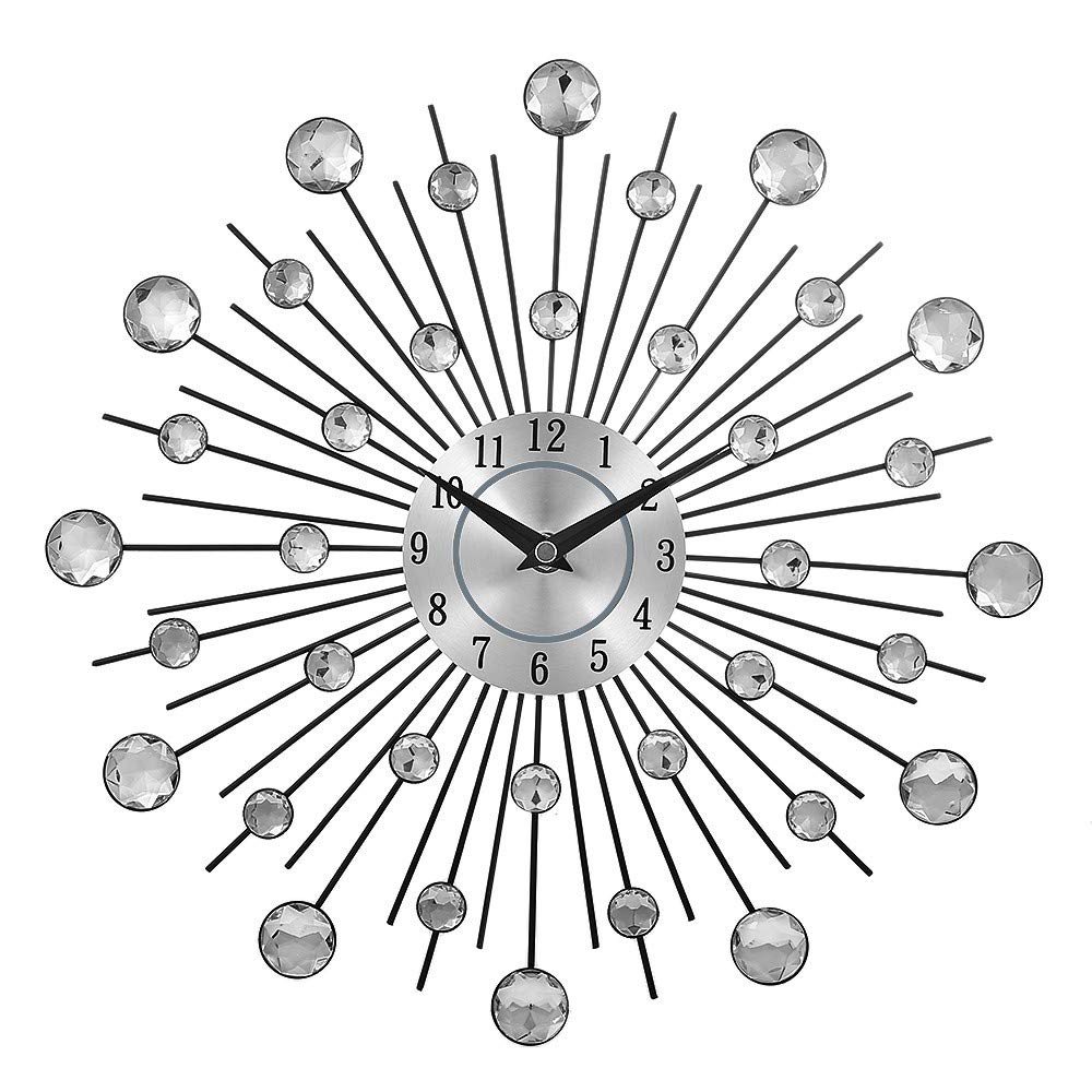 Horloge murale en métal soleil cristal argenté 13 pouces pendule vintage design