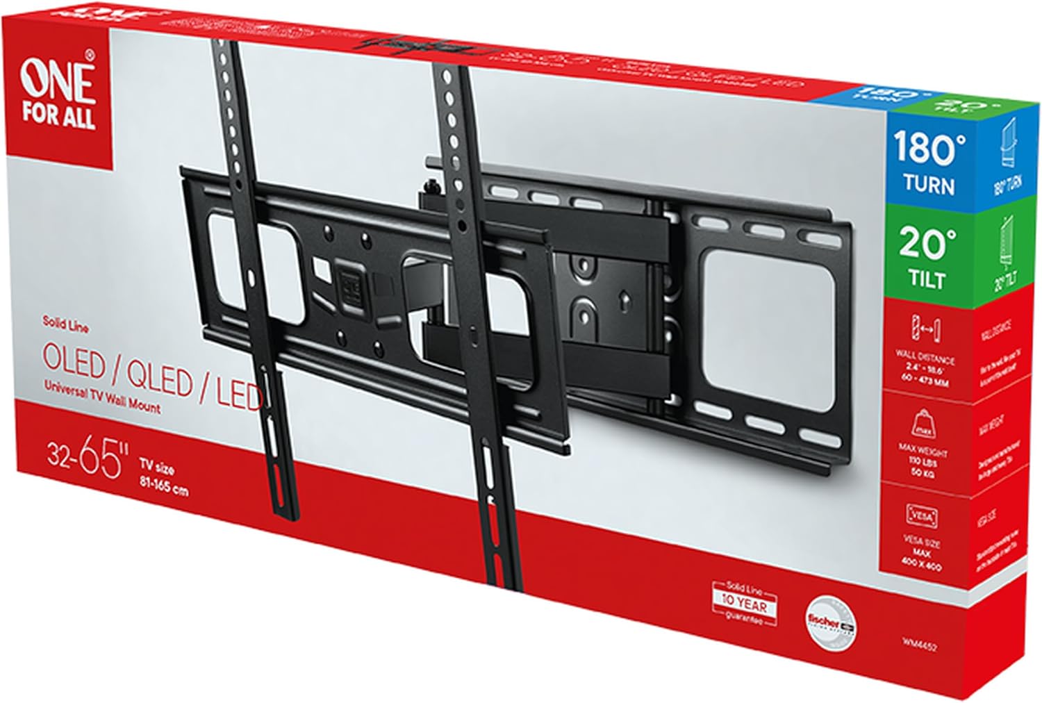 One For All TV Wall Bracket Mount - Screen Size 13-65 Inch - for All Types of TVs (LED LCD Plasma) - 20° Tilt 180° Swivel - Max Weight 50kgs - VESA 100x100 to 400x400 - WM4452
